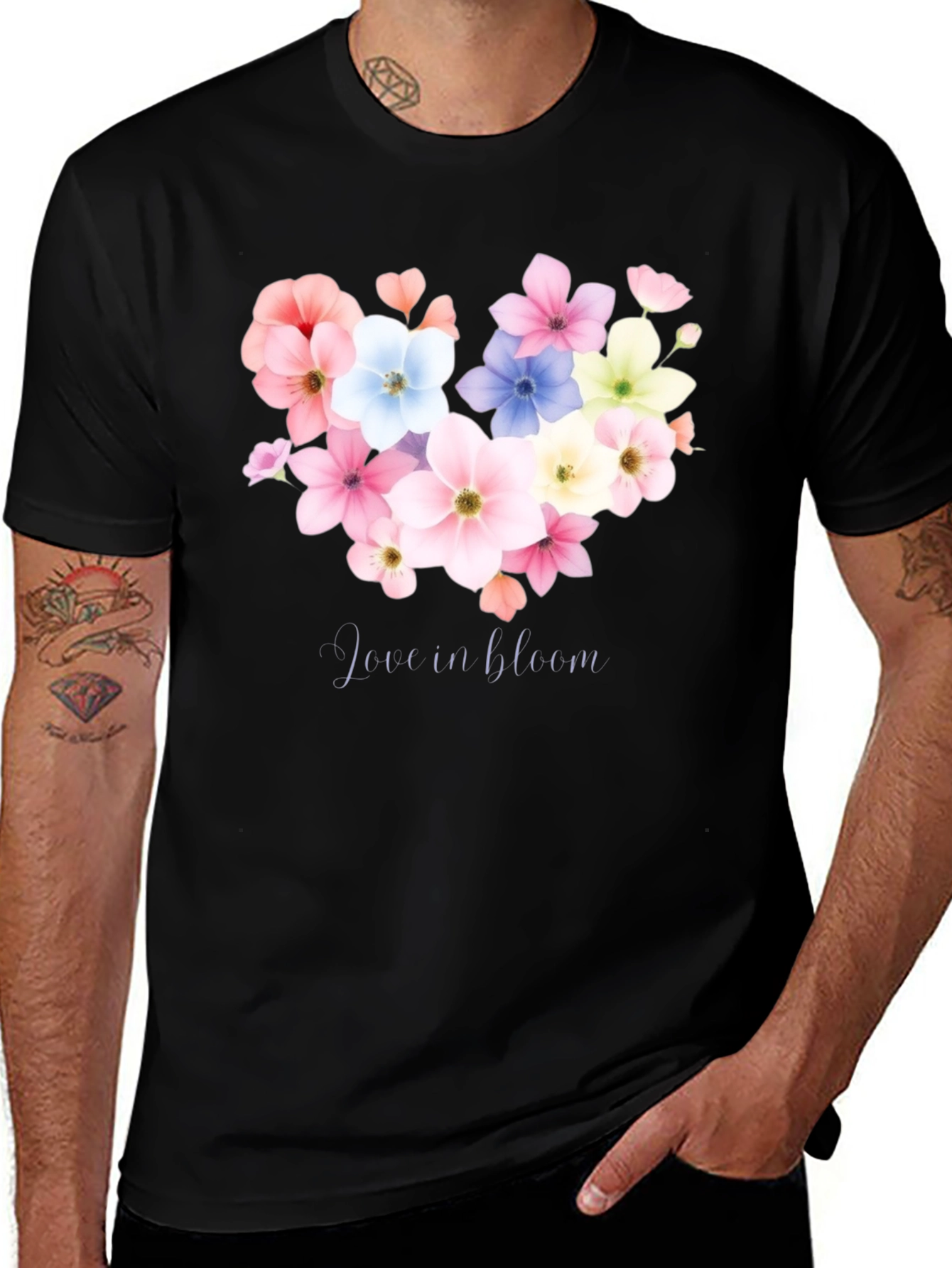 Variant 3 of Love in Bloom Floral Heart Graphic Tee - Black