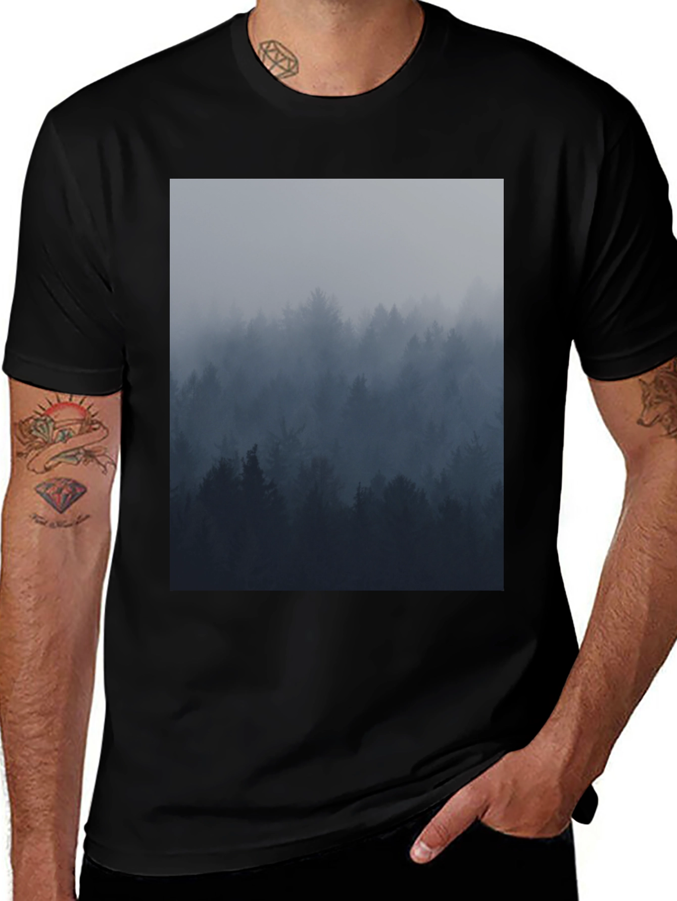 Variant 19 of Foggy Forest Graphic Tee - Soft Black Cotton Shirt