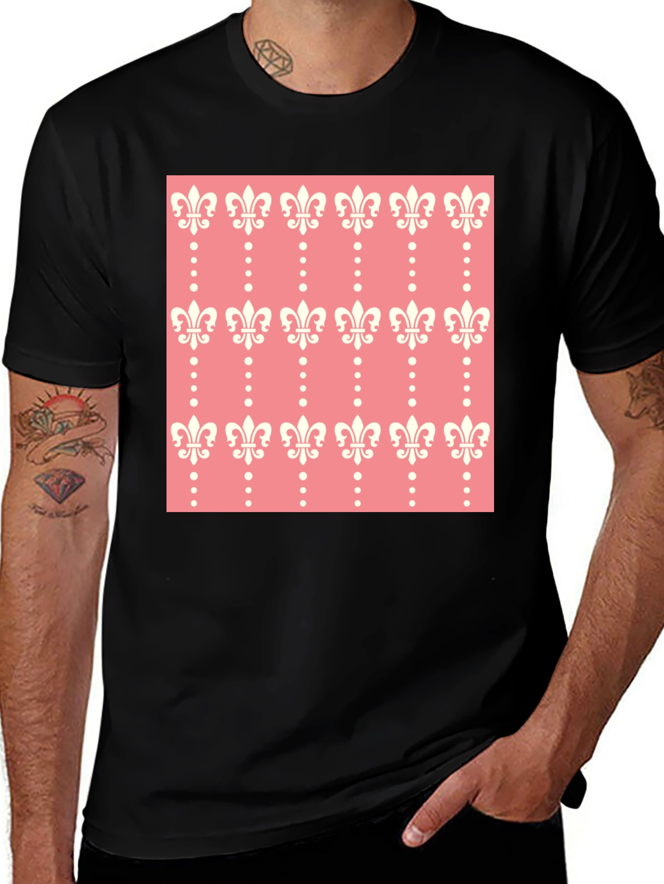 Variant 17 of Fleur-de-Lis Patterned Black T-Shirt