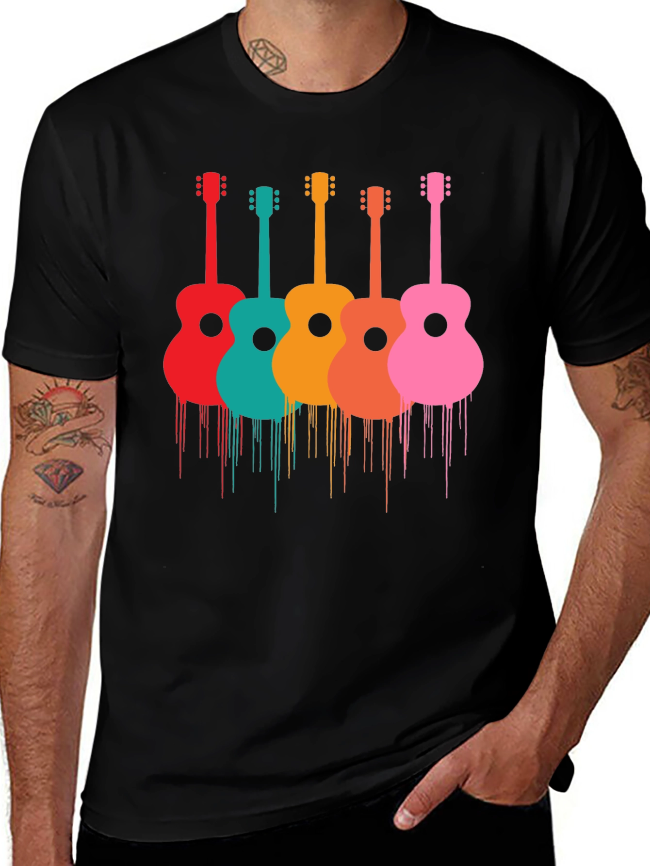 Variant 15 of Colorful Guitar Print Black T-Shirt