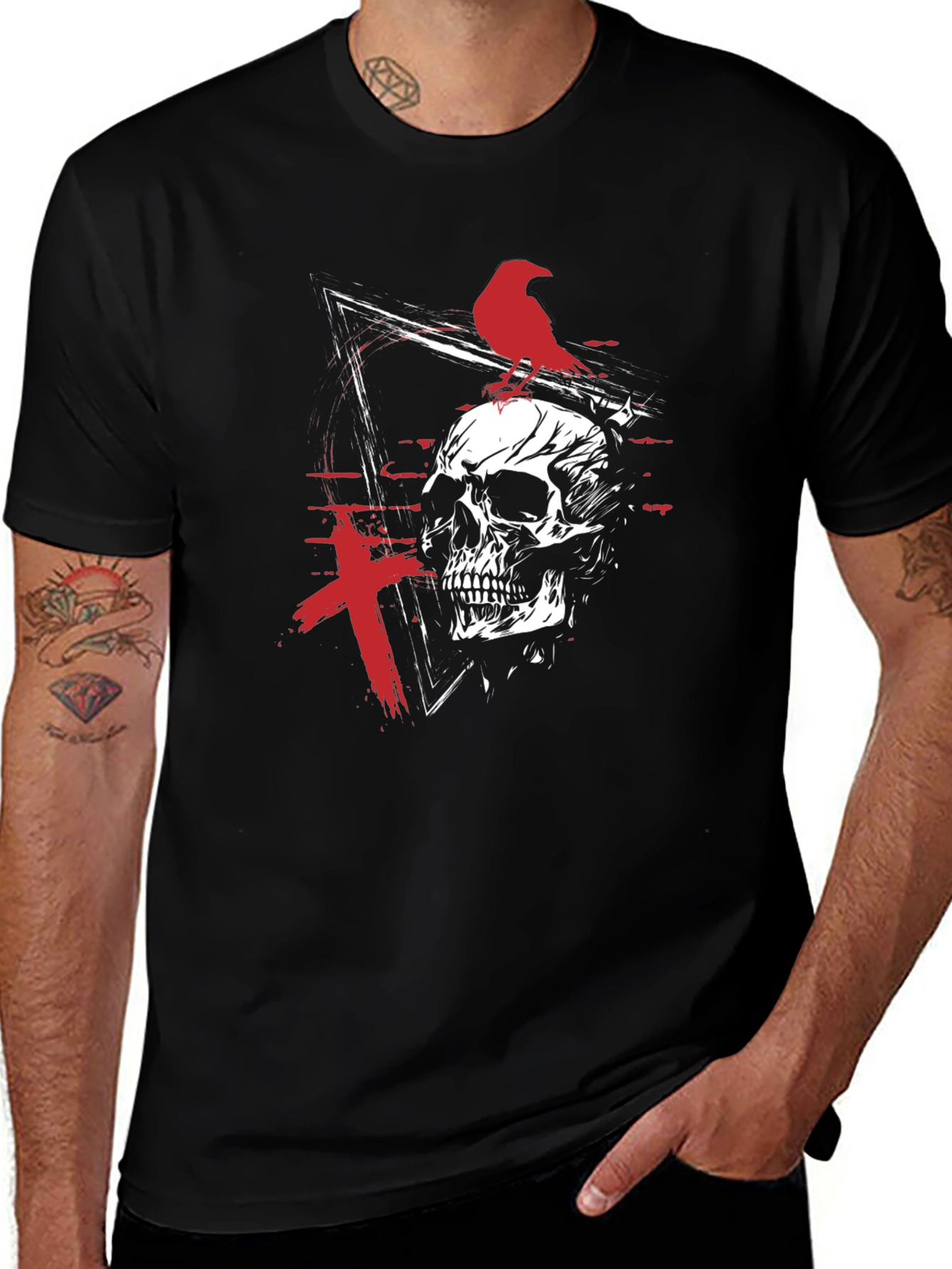 Variant 4 of Skull & Raven Graphic Tee - Edgy Gothic Design