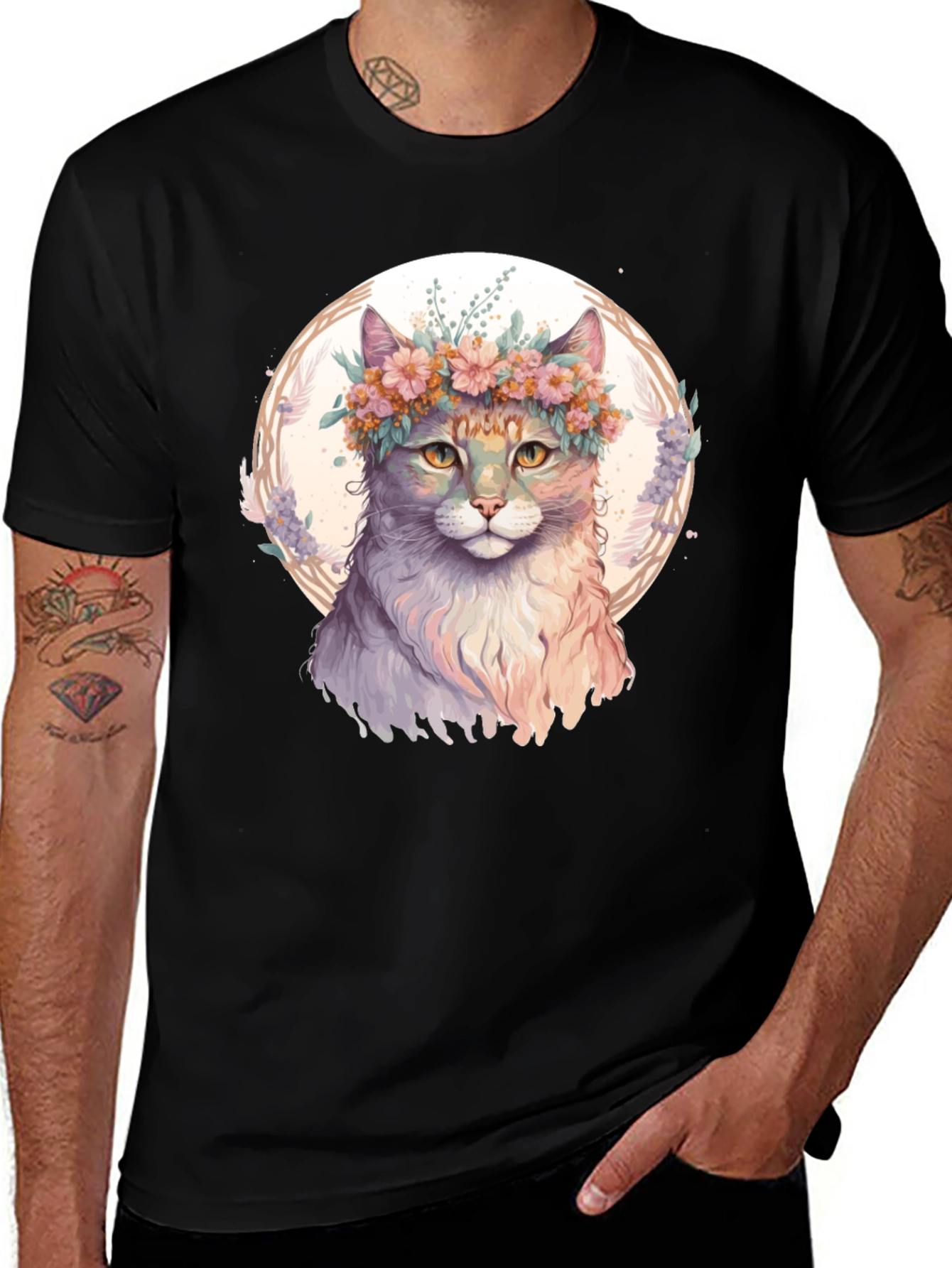 Variant 19 of Cat Flower Crown Graphic Black T-Shirt
