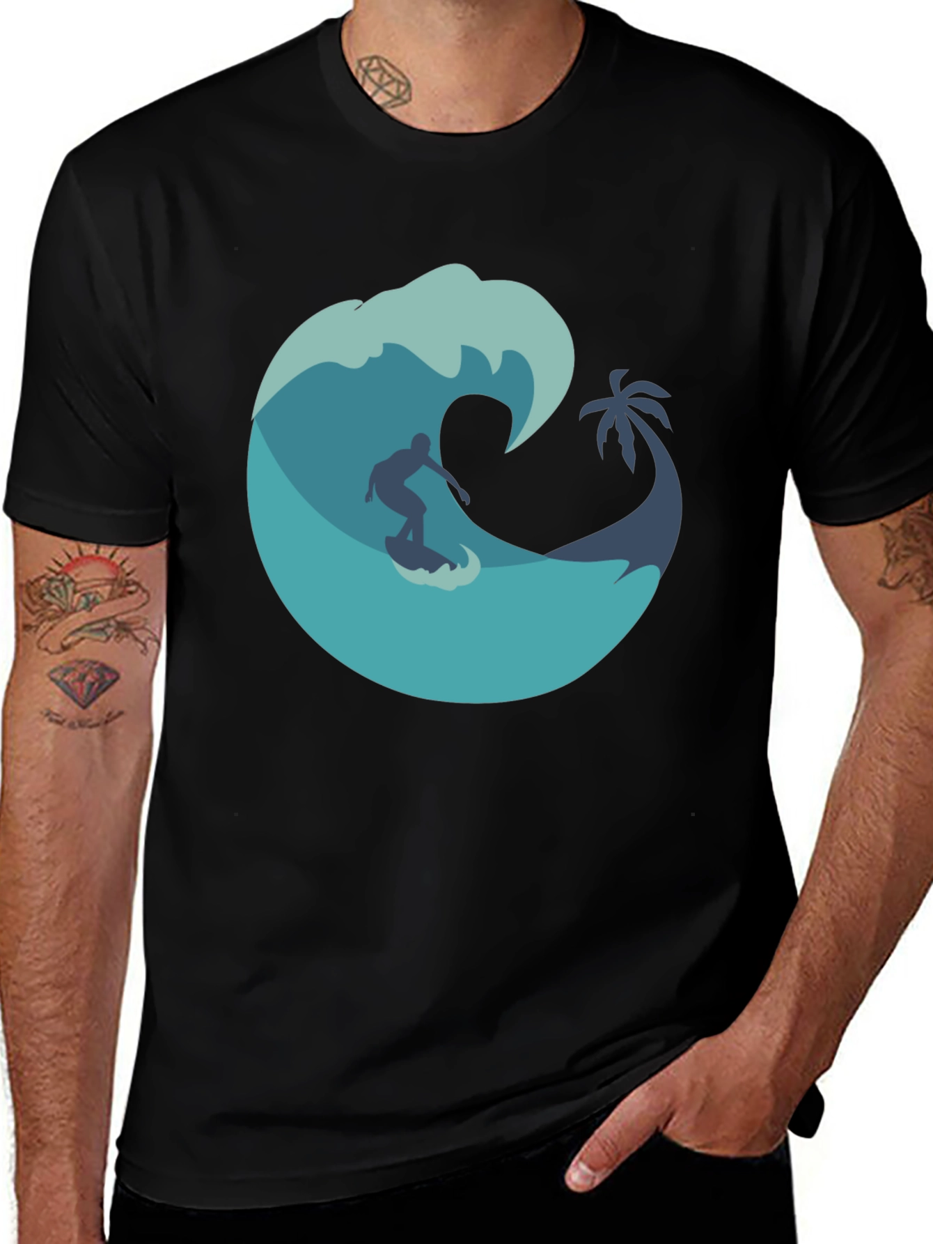 Variant 12 of Surfer Wave Graphic Black T-Shirt