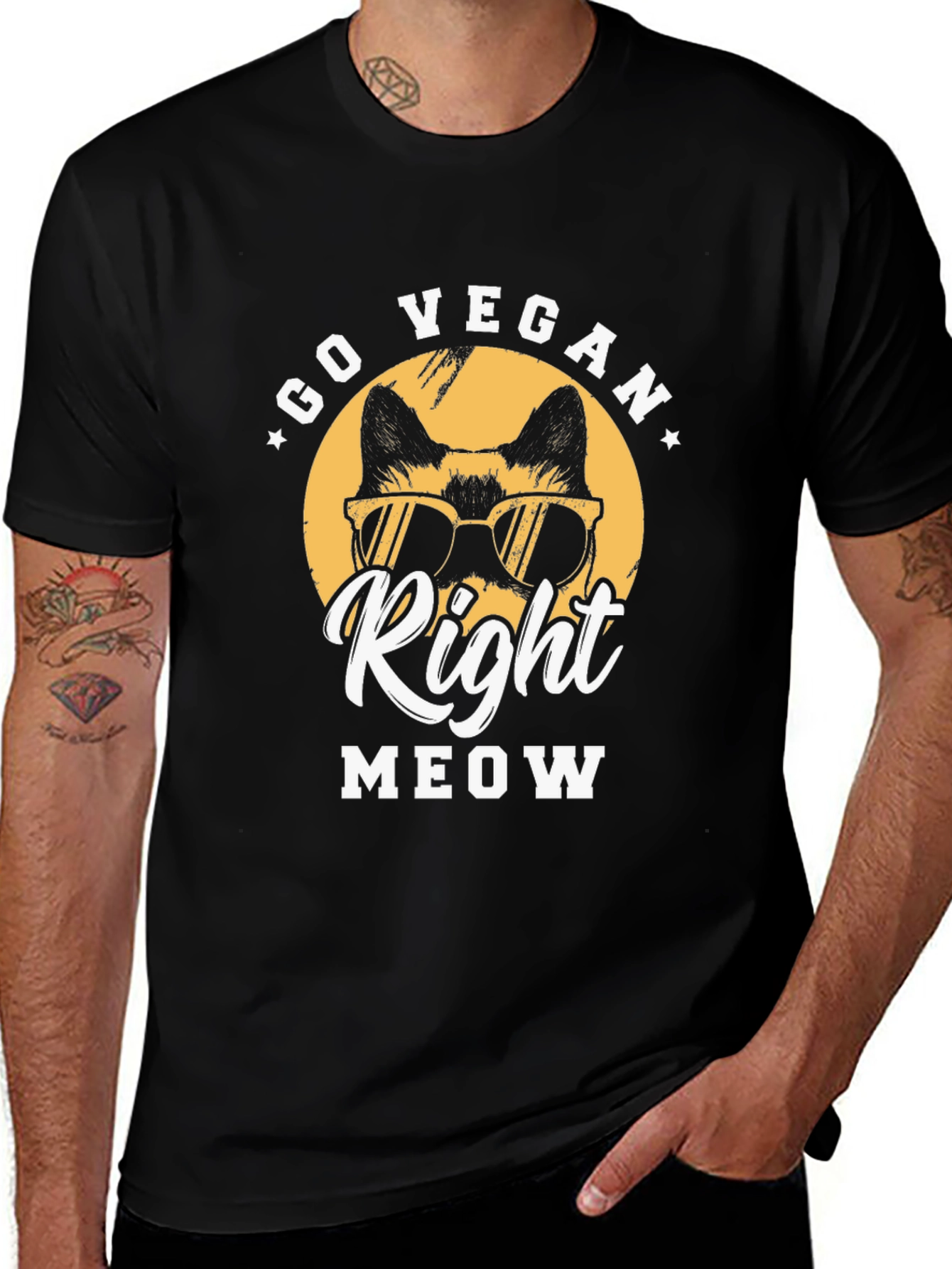 Variant 17 of Go Vegan Right Meow T-Shirt - Black Cat Vegan Tee