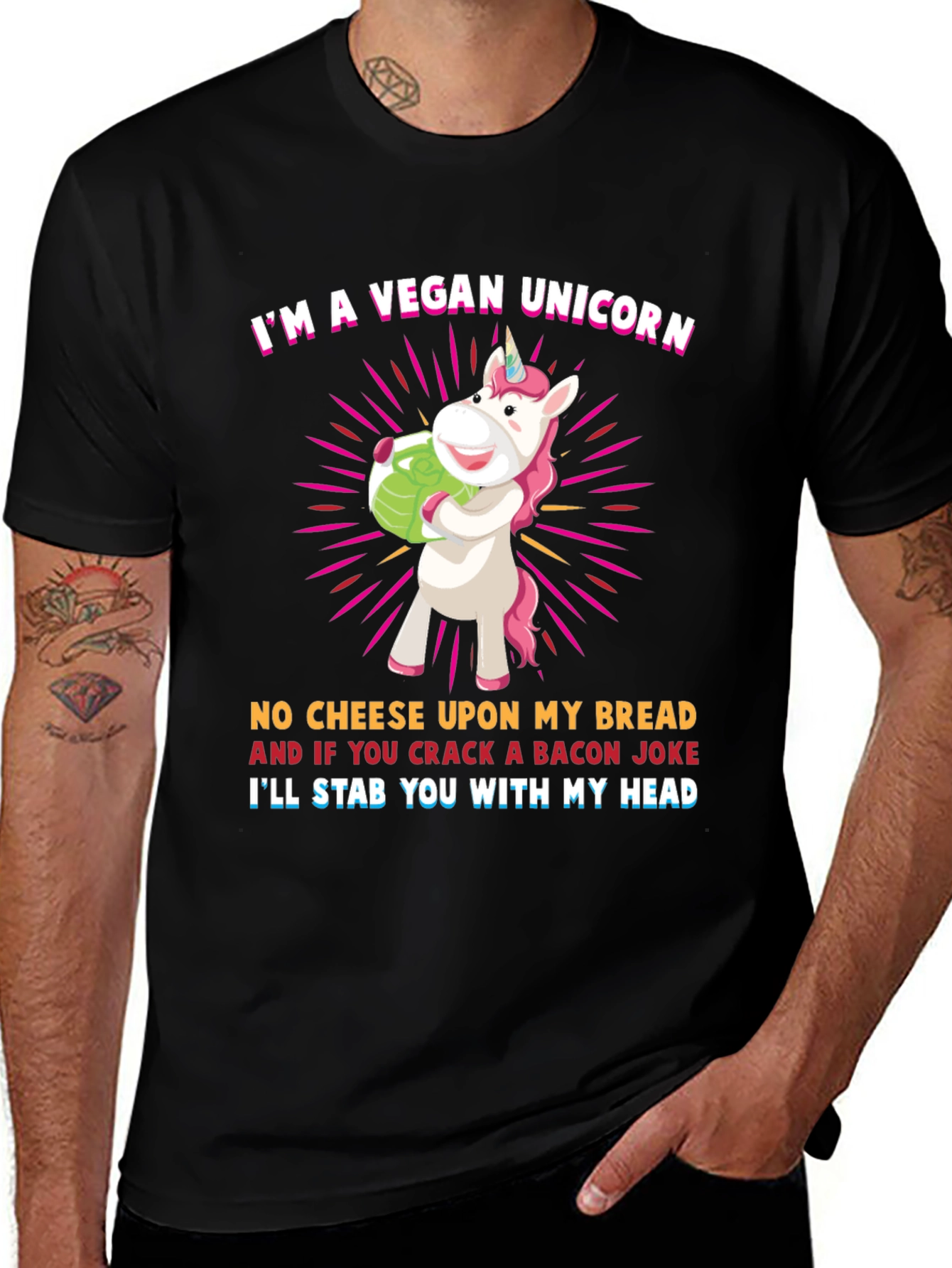Variant 24 of Vegan Unicorn T-Shirt: No Cheese, No Bacon Jokes!