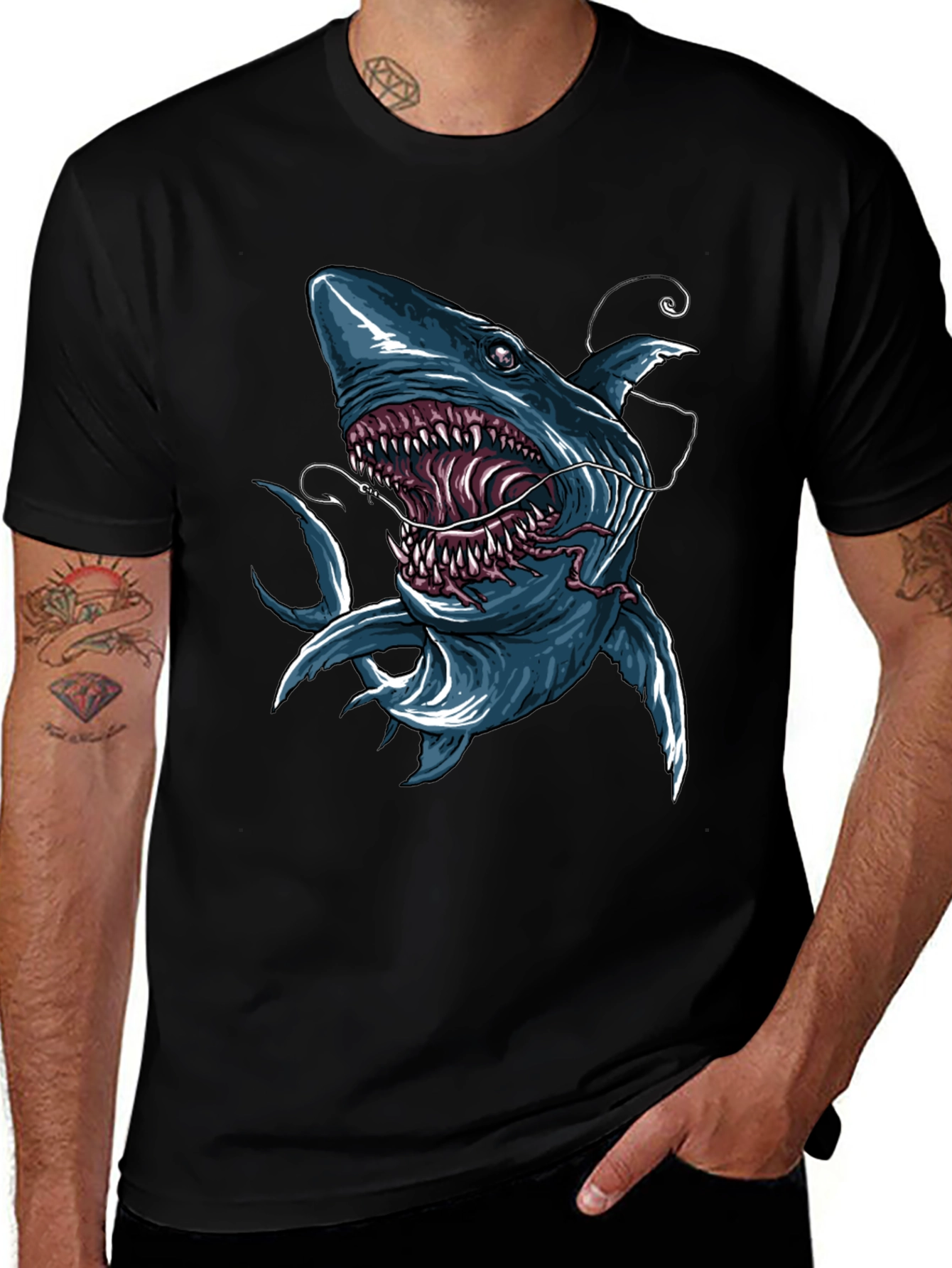 Variant 30 of Men's Shark Graphic Print Black T-Shirt
