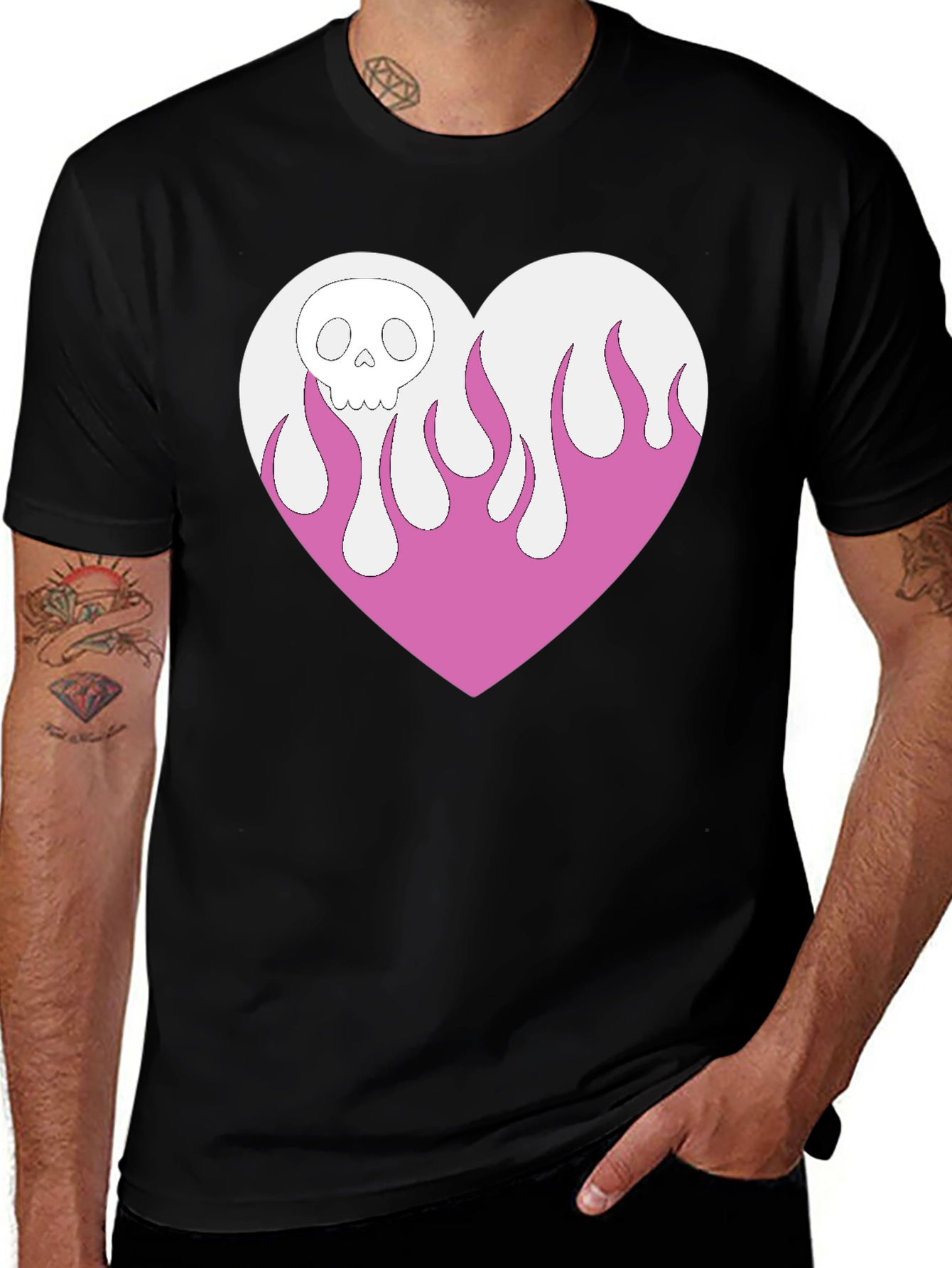Variant 4 of Skull Heart Flames Graphic Tee - Black Cotton
