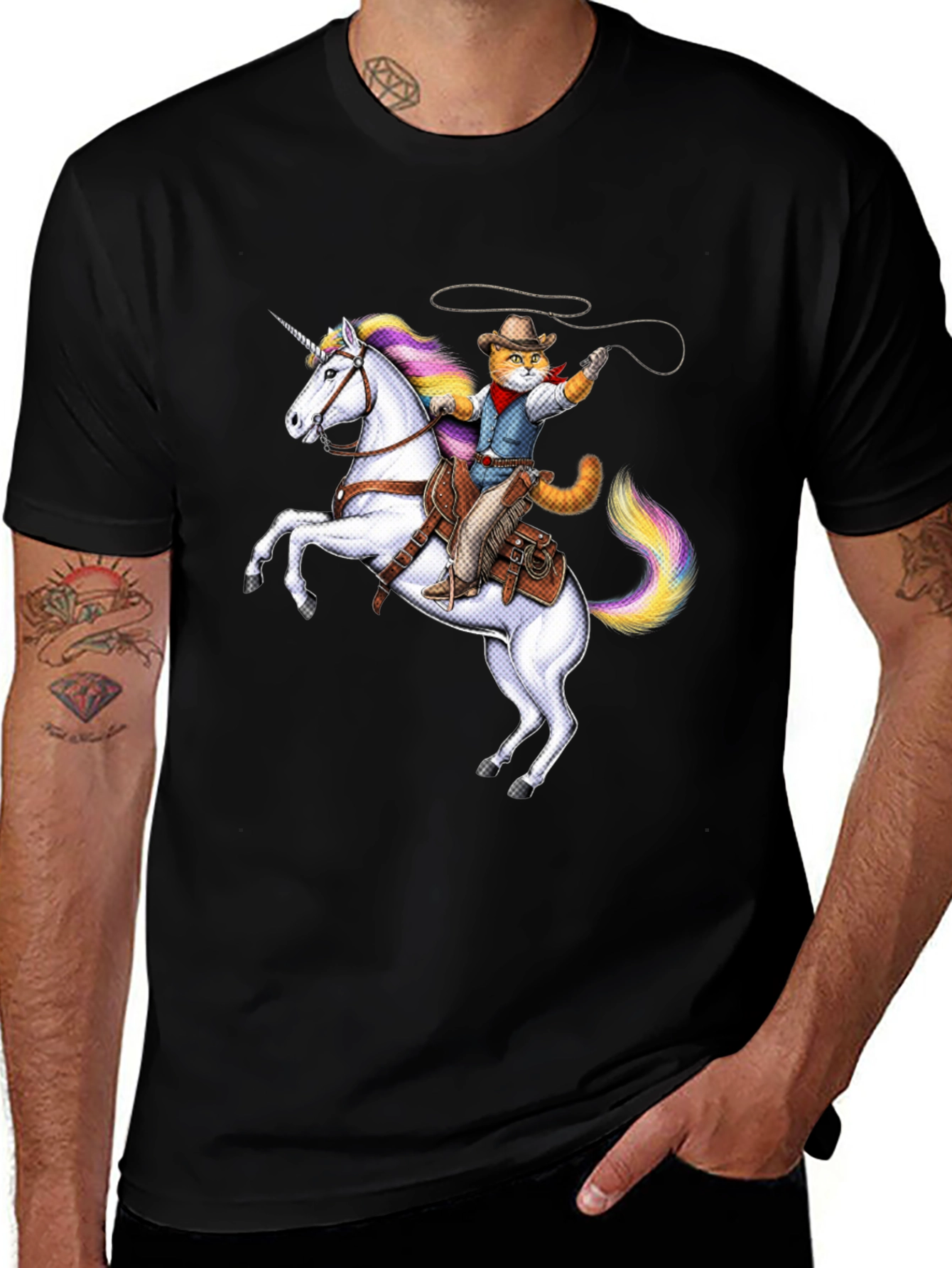 Variant 23 of Cat Cowboy Riding Unicorn Black T-Shirt