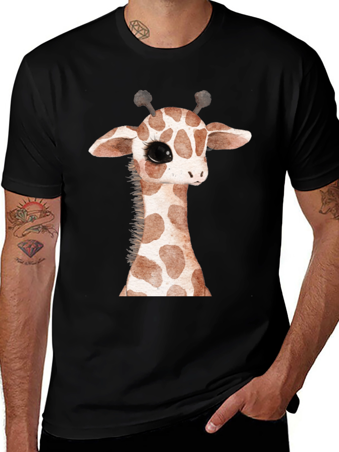 Variant 14 of Cute Giraffe Graphic Print Black T-Shirt