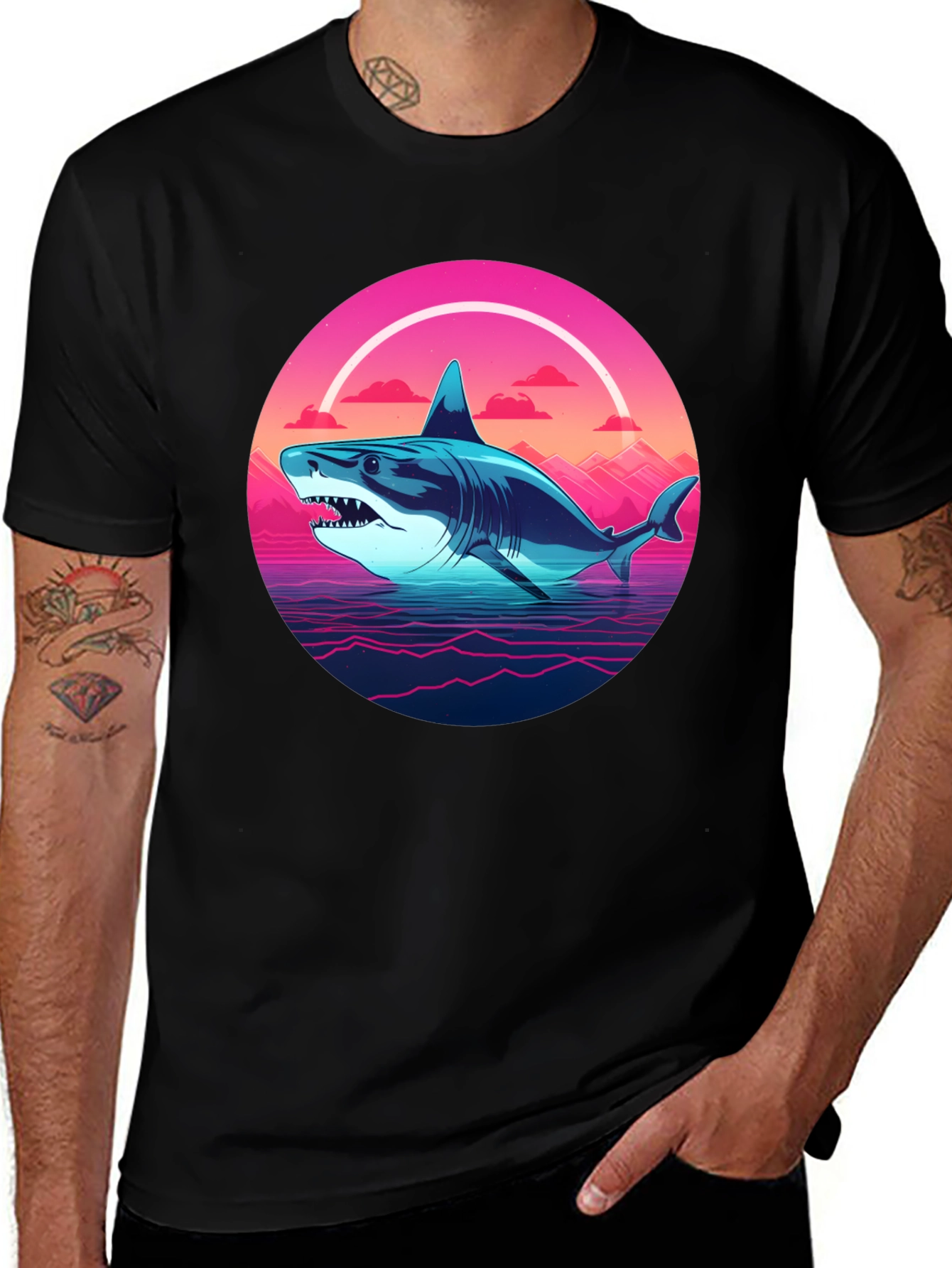 Variant 15 of Retro Shark Graphic Tee - Black Cotton Blend