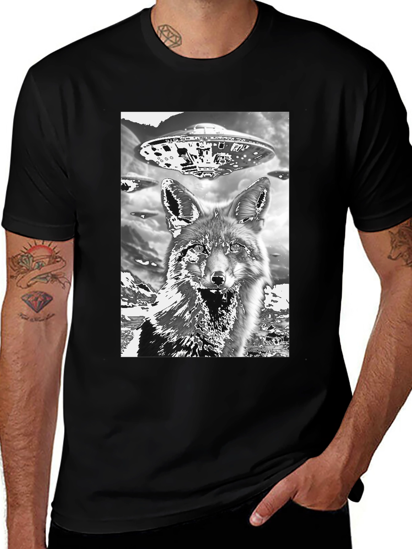 Variant 23 of UFO Fox Graphic Tee - Black Crew Neck