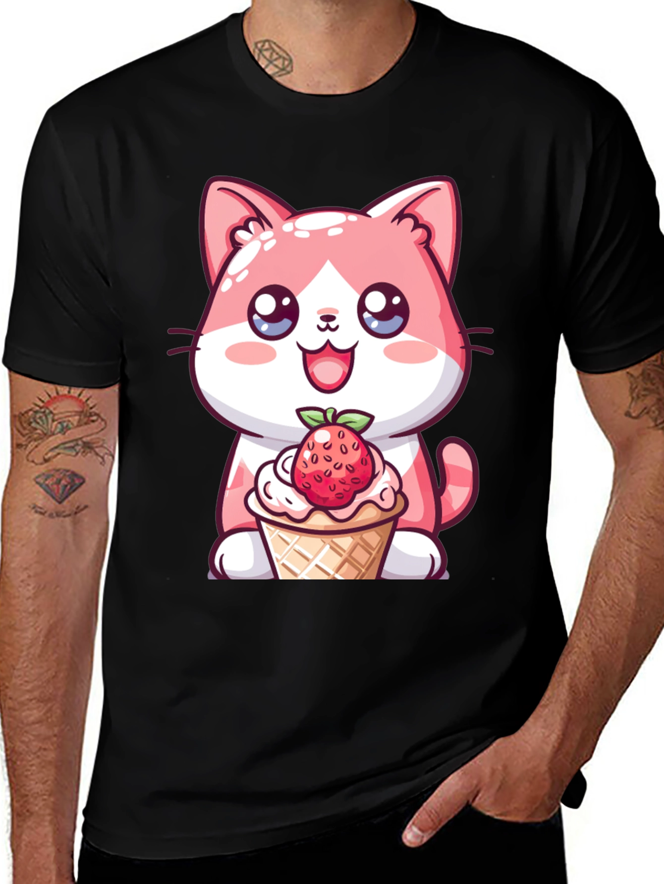 Variant 14 of Cute Cat Strawberry Ice Cream Graphic Tee - Unisex