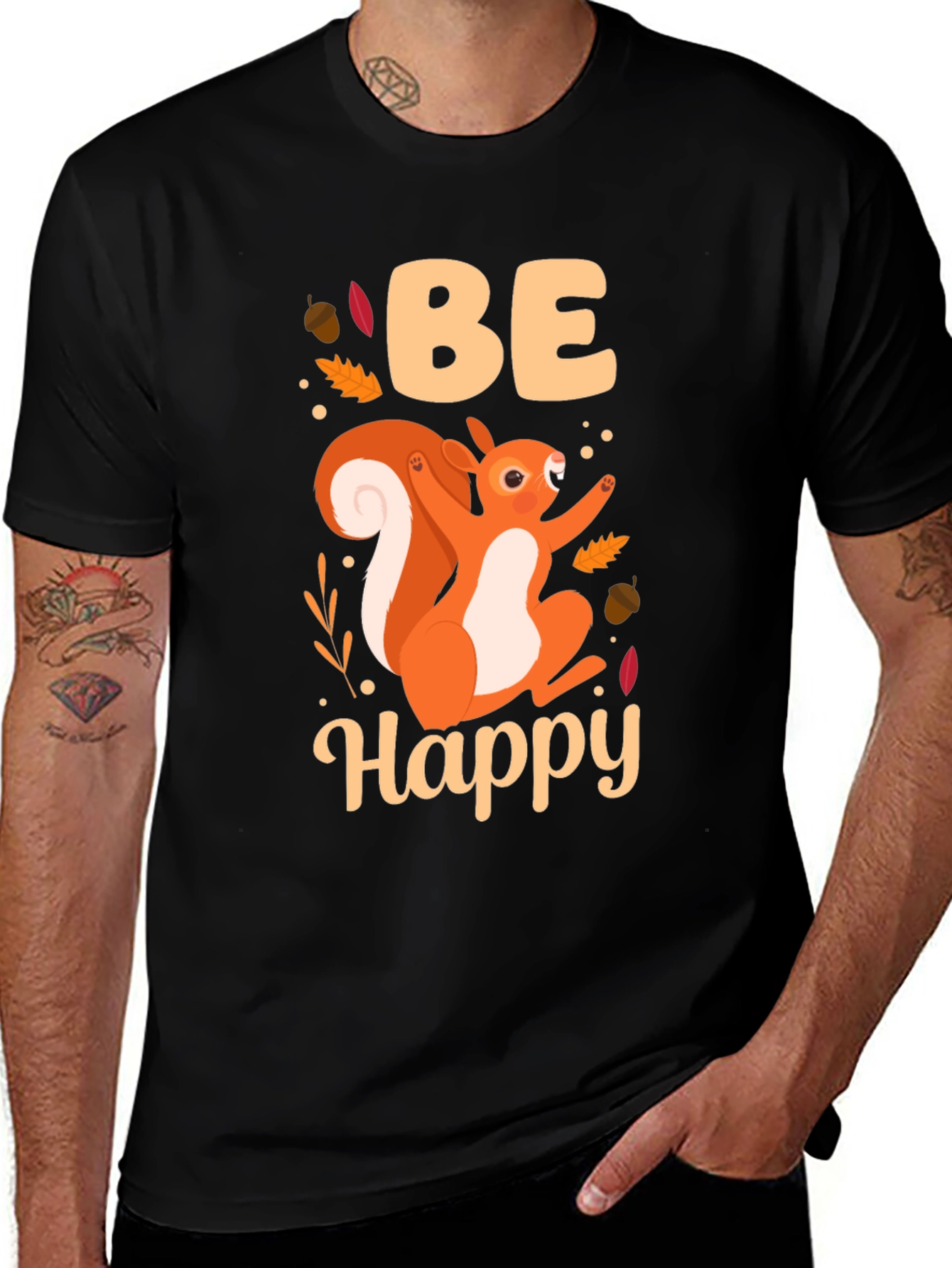 Variant 5 of Be Happy Squirrel Graphic T-Shirt - Unisex Black Tee