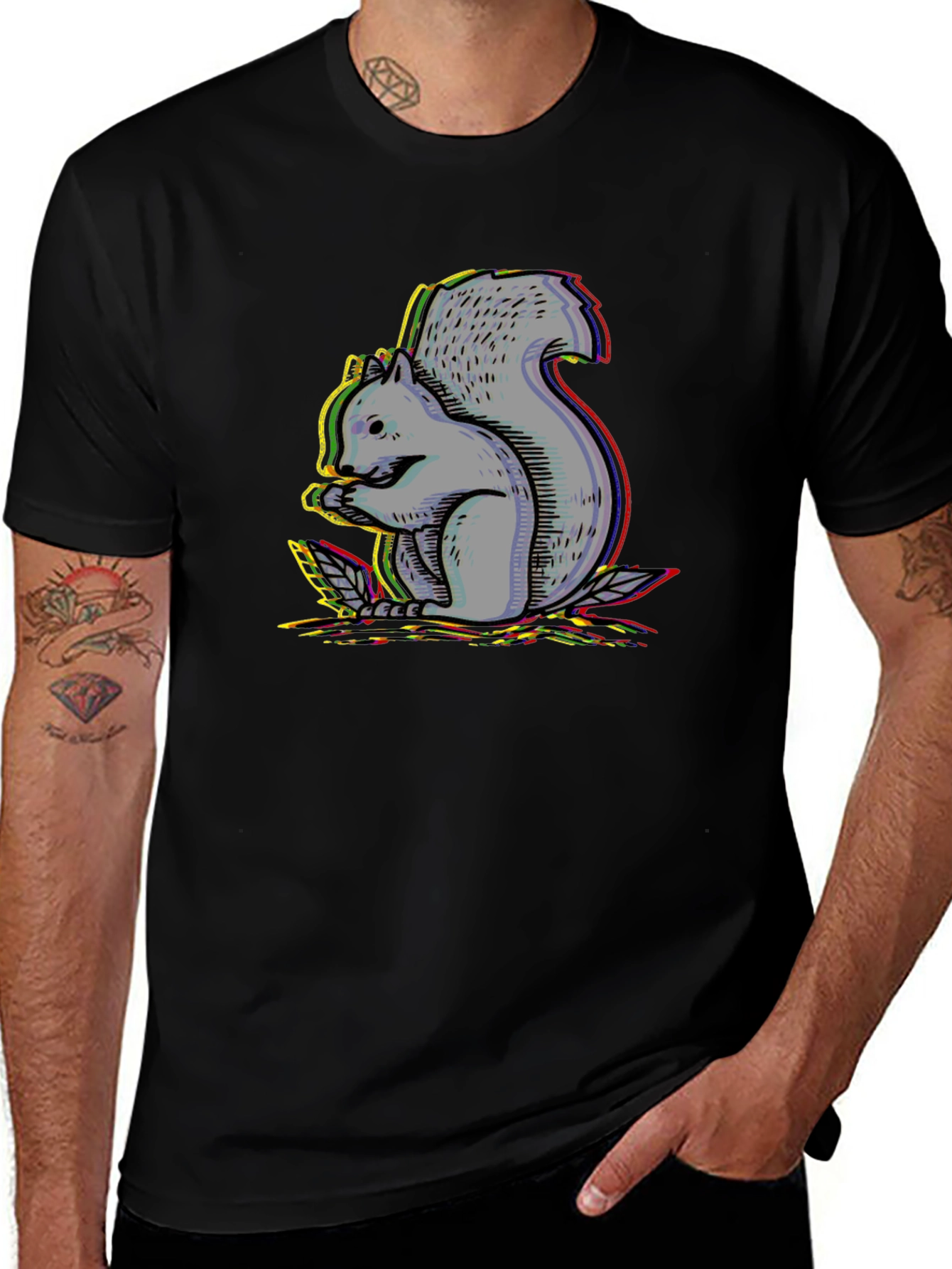 Men's Black T-Shirt with Squirrel Graphic Design