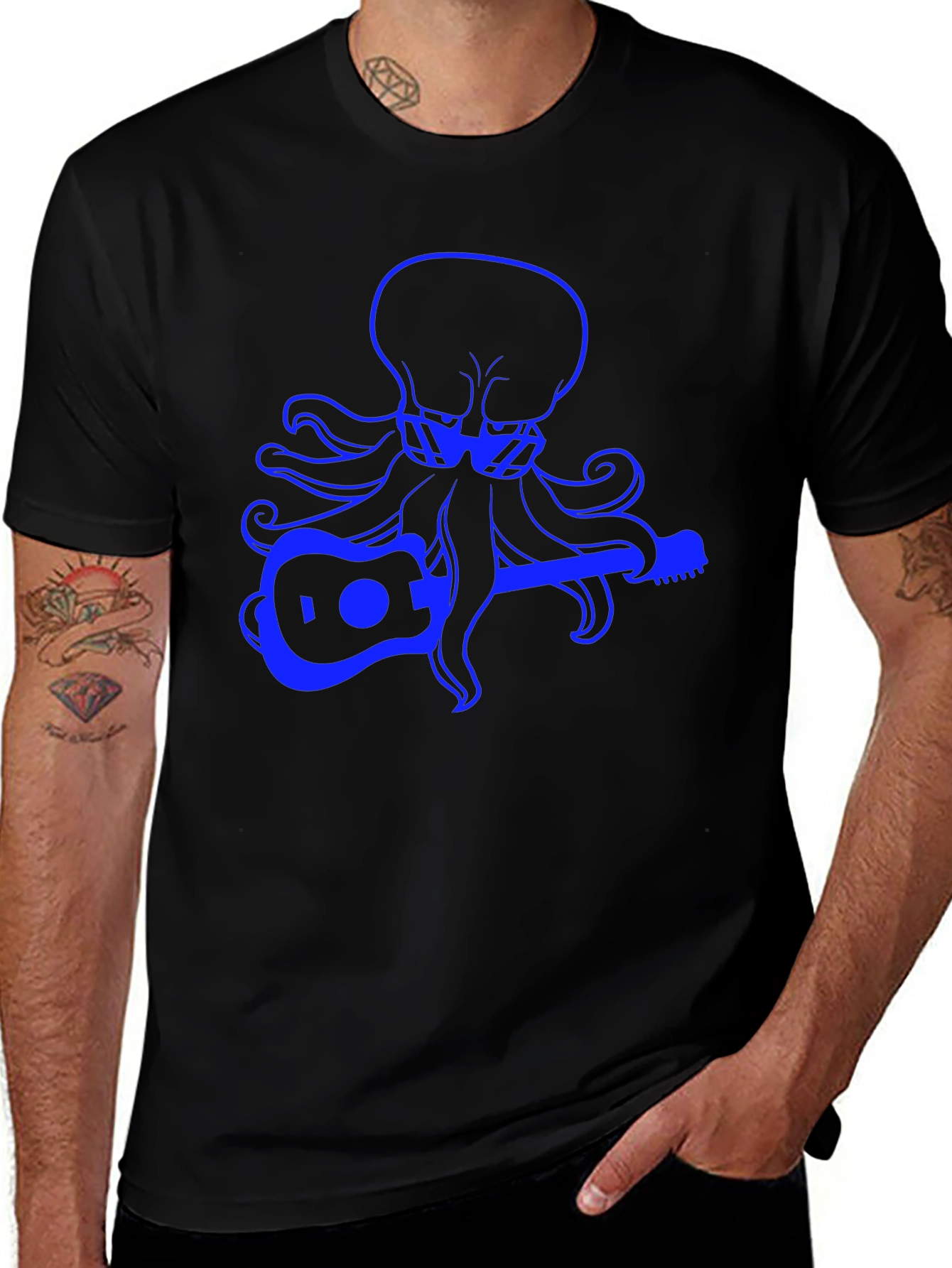 Variant 19 of Octopus Guitar Player Graphic Tee - Black Cotton T-Shirt