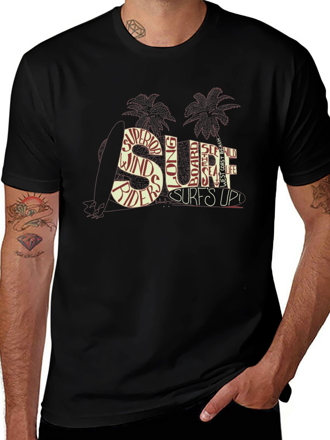 Variant 6 of Surf's Up Graphic Tee - Beach Style Black T-Shirt