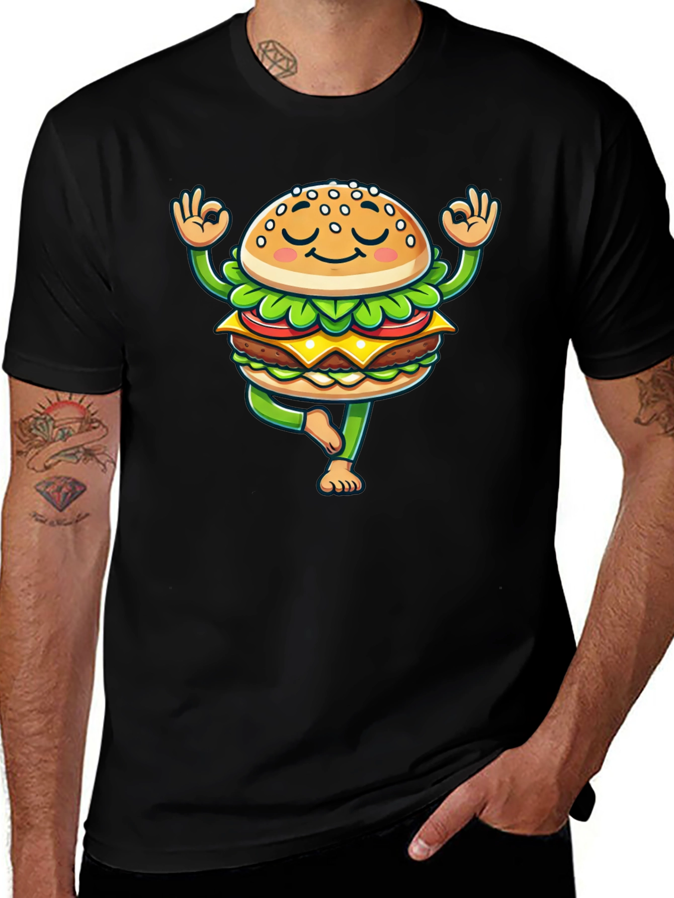 Black Yoga Burger T-Shirt - Meditating Fast Food Tee main image