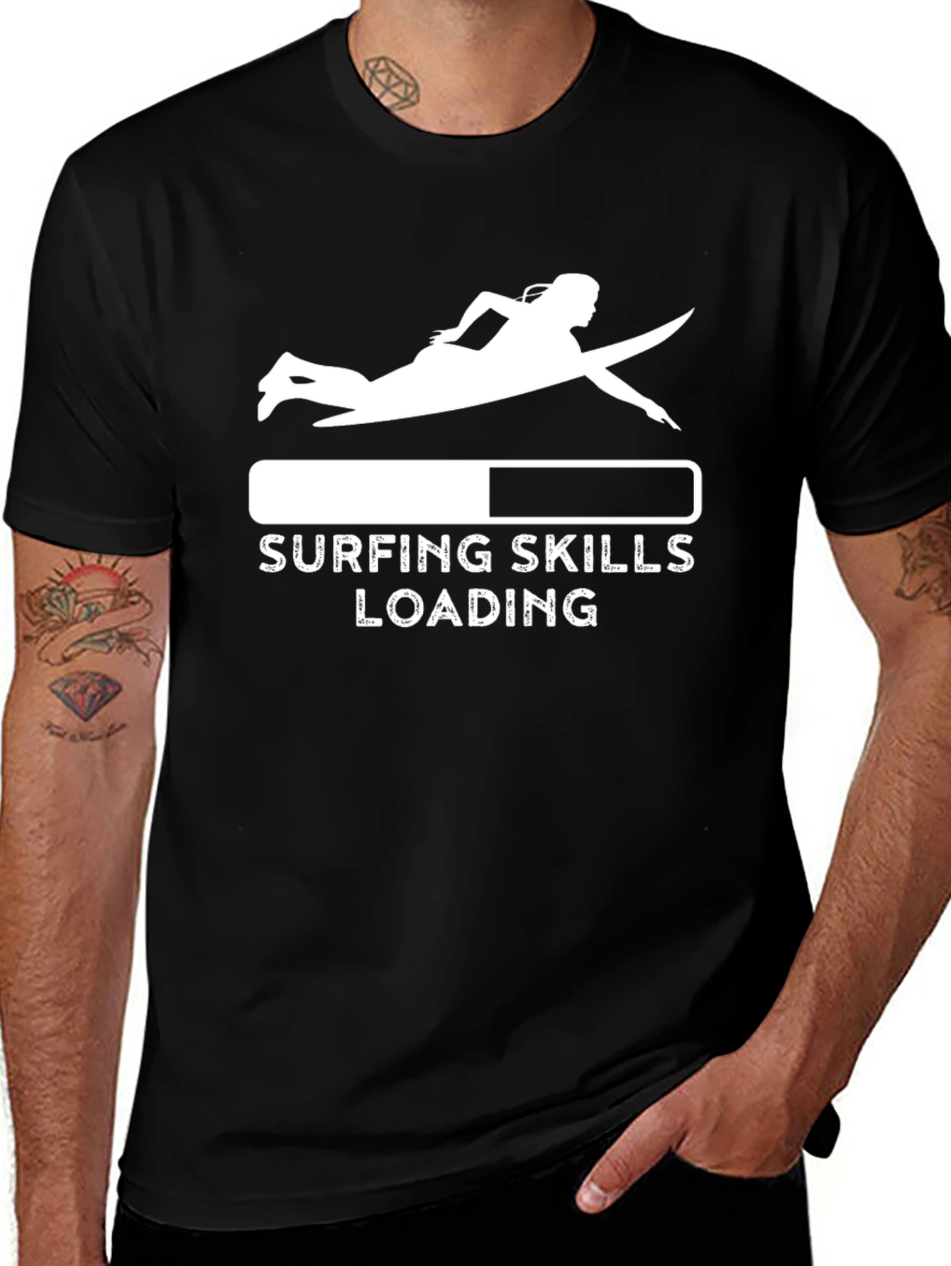 Variant 24 of Surfing Skills Loading T-Shirt - Black Cotton Tee