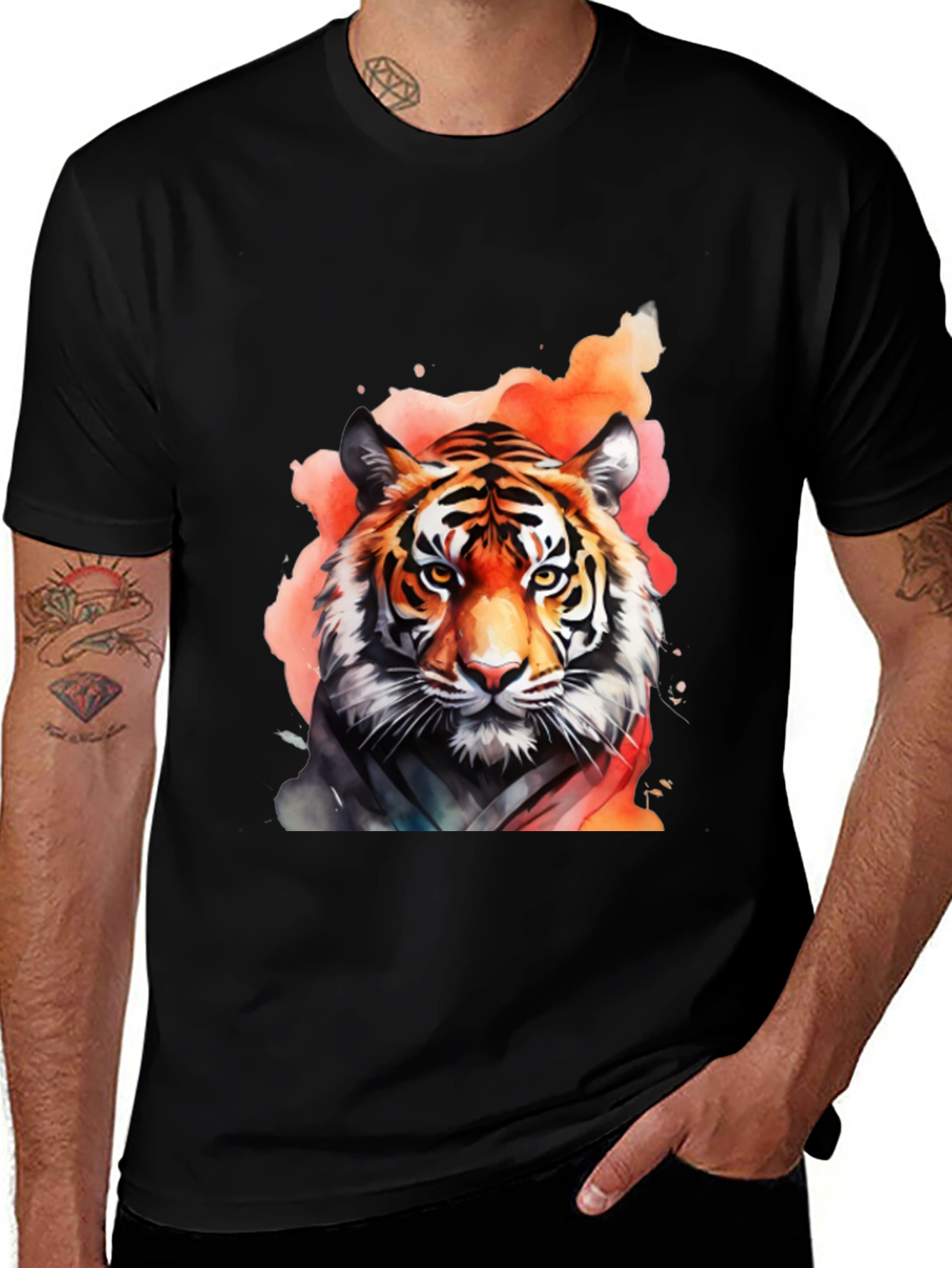 Variant 19 of Watercolor Tiger Graphic Tee - Men's Black T-Shirt