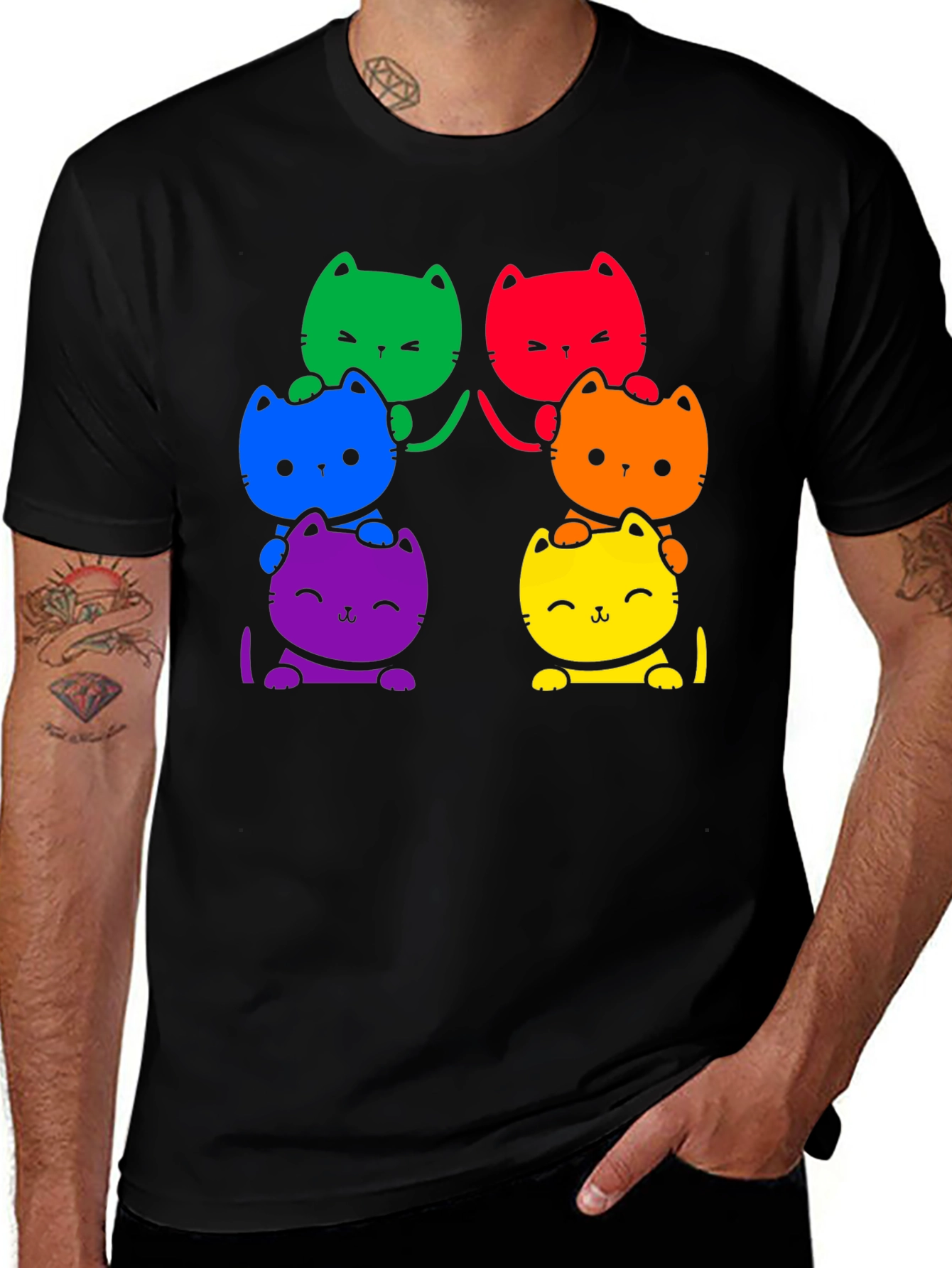 Variant 13 of Rainbow Cat Stack Graphic Tee - Black