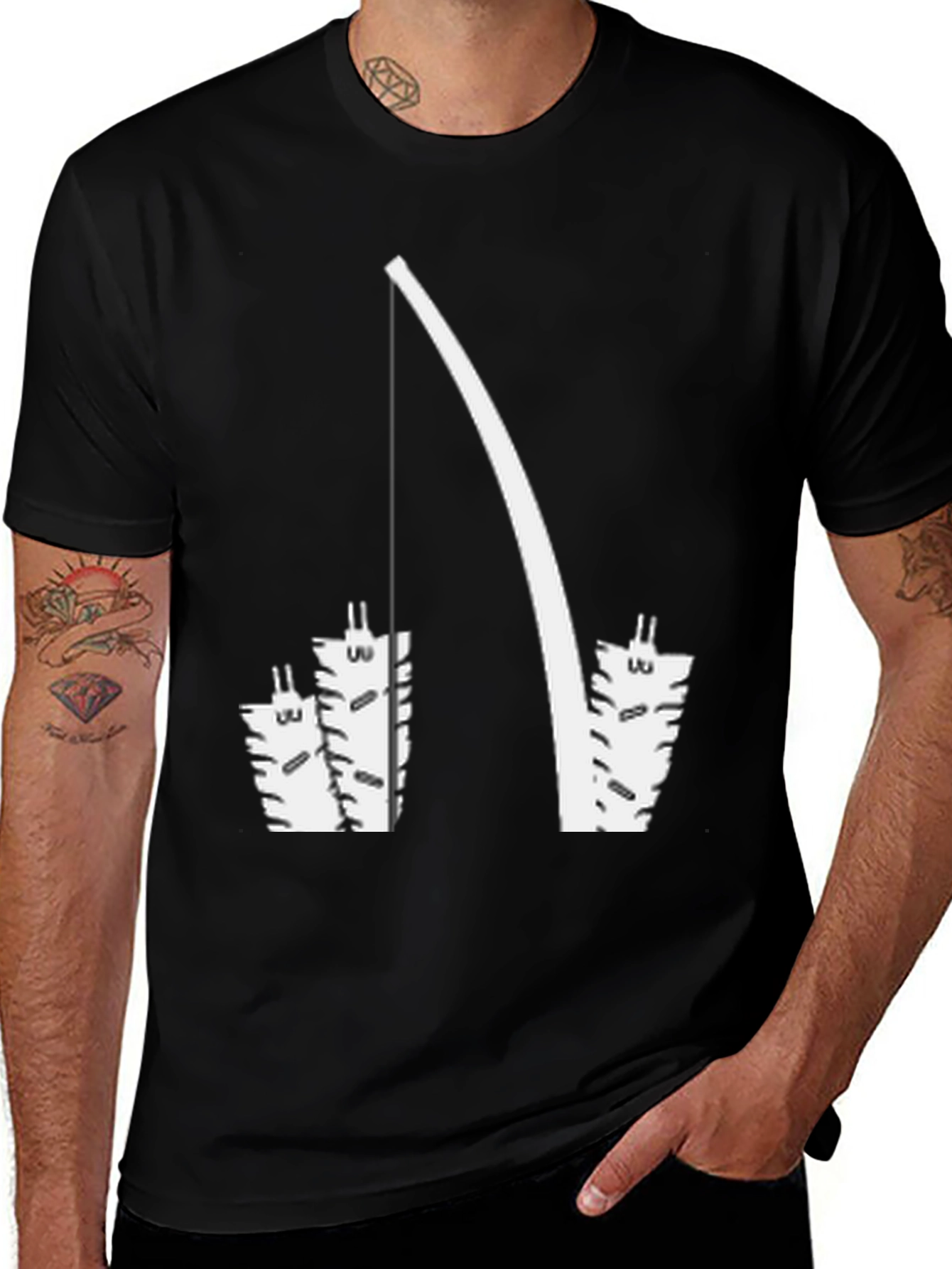 Variant 14 of Black T-Shirt with Fishing Rod and Cat Silhouette Design