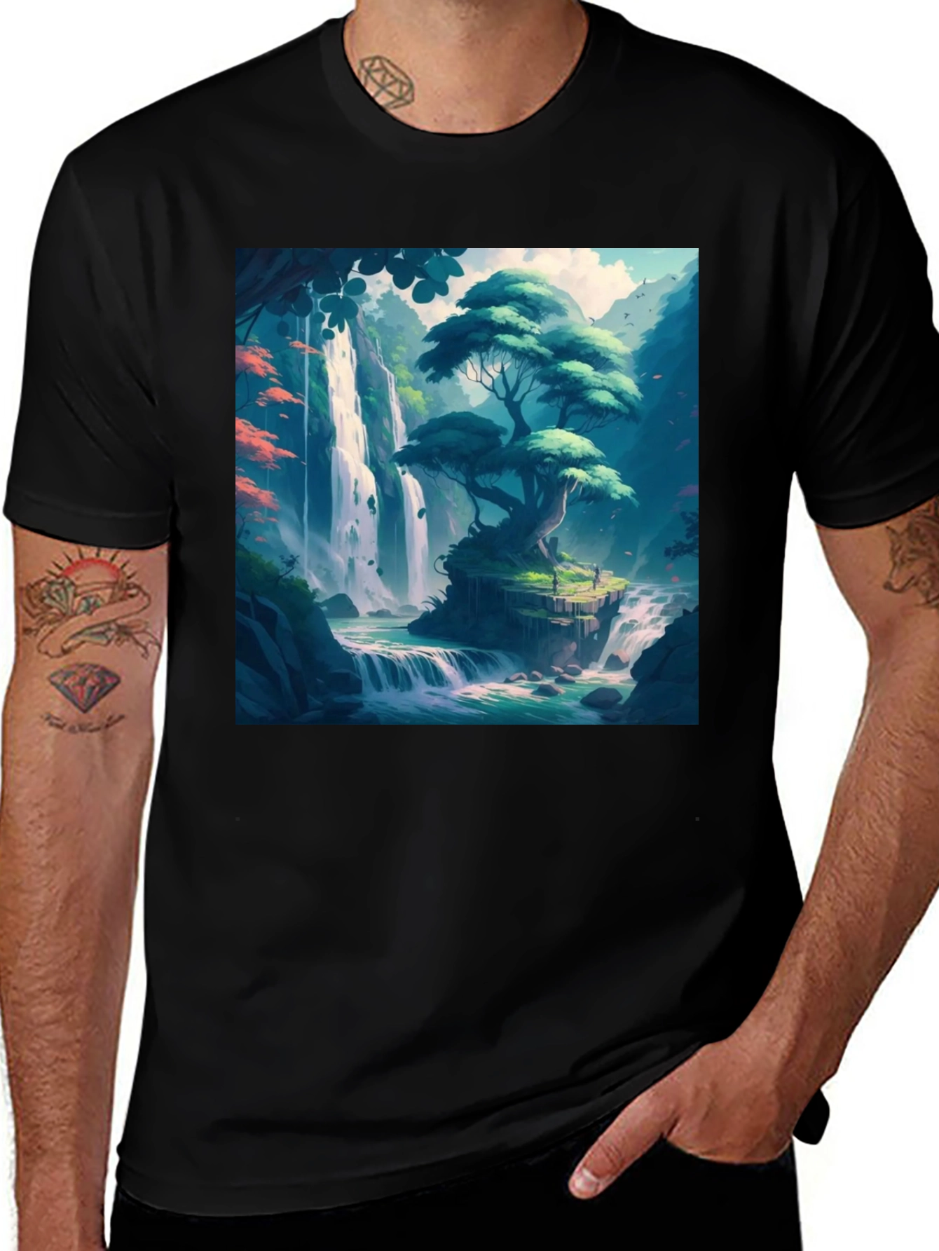 Waterfall Scenery Graphic Tee - Nature Inspired Black T-Shirt