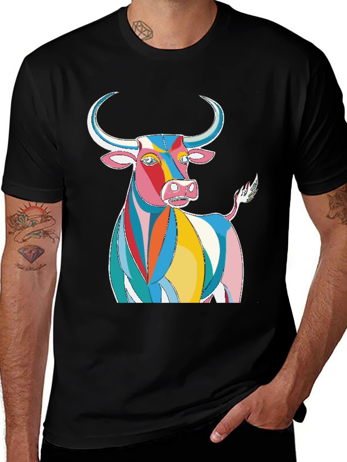 Variant 4 of Colorful Bull Graphic Tee - Black Cotton T-Shirt