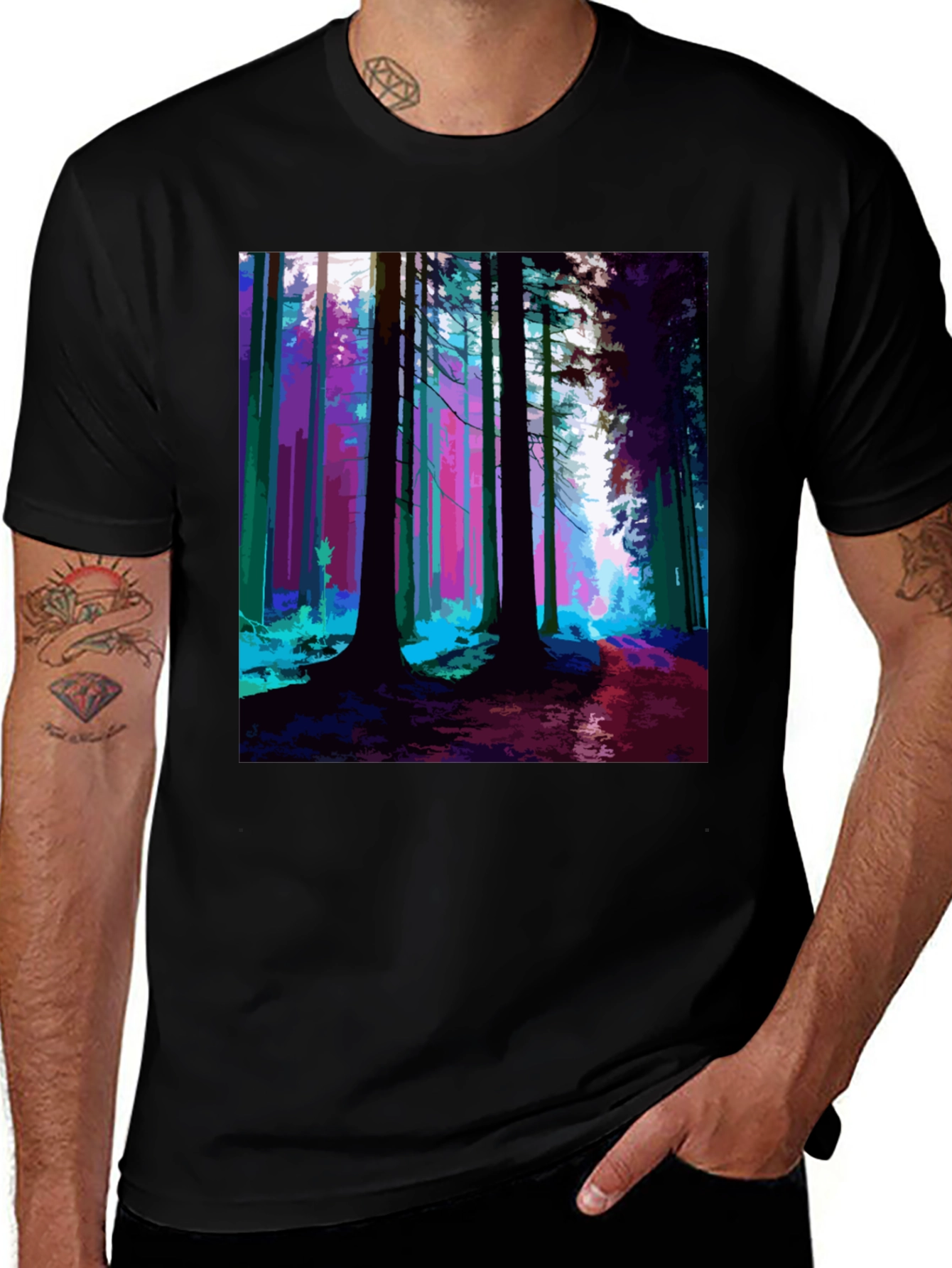 Variant 29 of Vibrant Forest Print Black T-Shirt