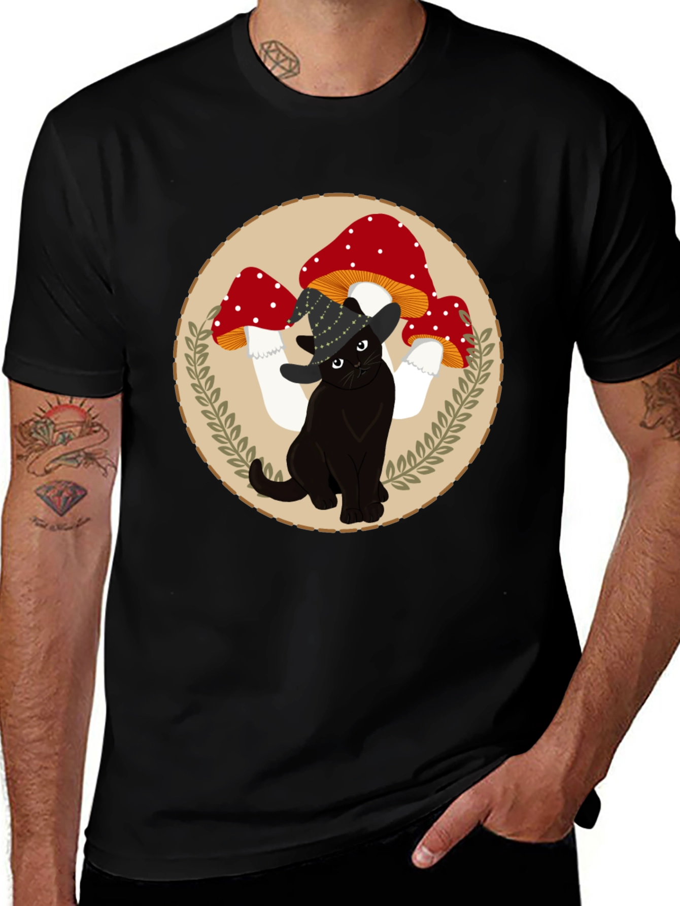 Variant 18 of Black Cat & Mushroom T-Shirt - Whimsical Graphic Tee