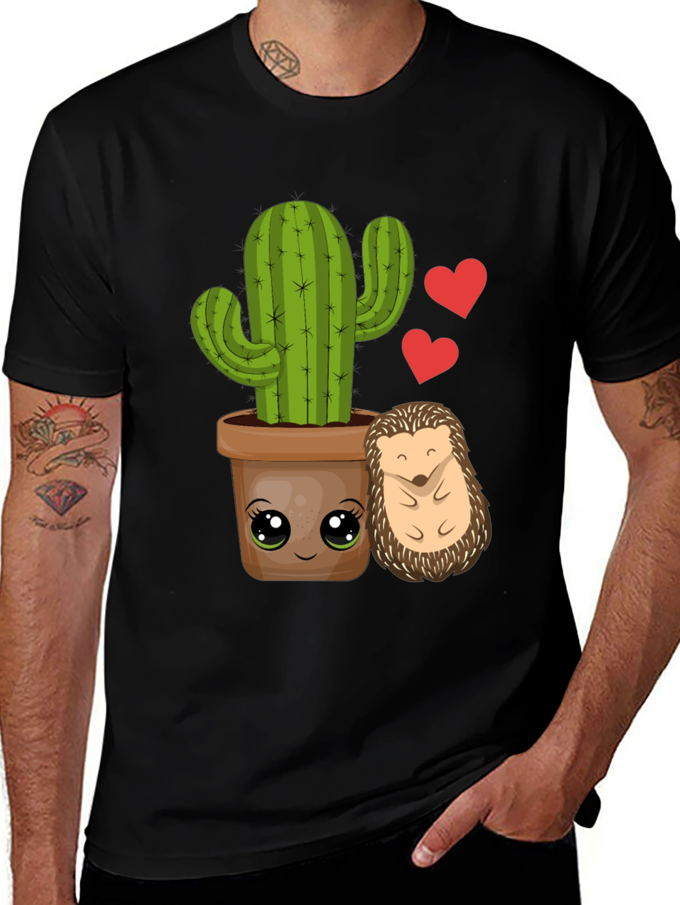 Black Cute Cactus & Hedgehog T-Shirt main image