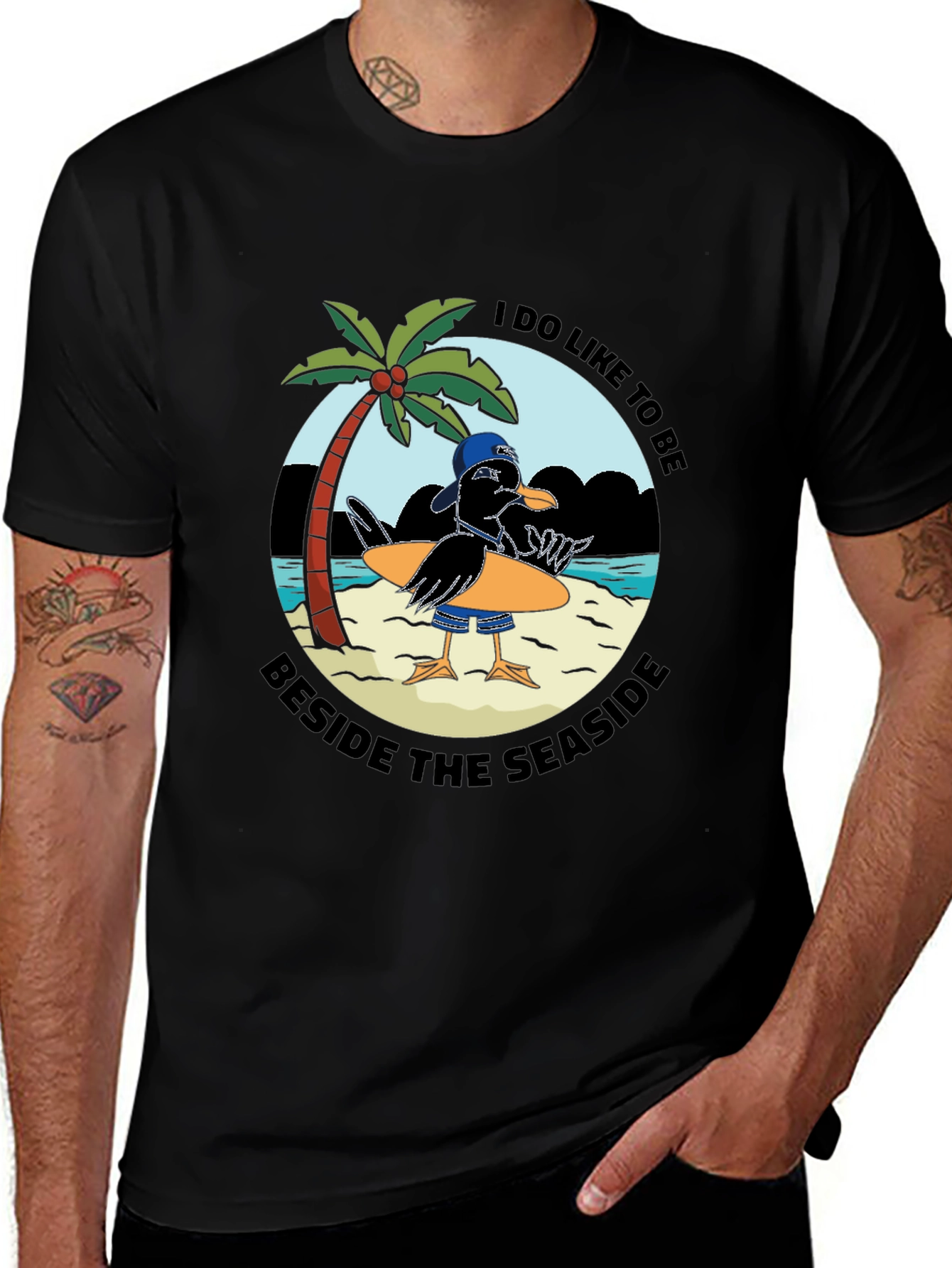 Variant 13 of Seaside Seagull Graphic Tee - Black Cotton T-Shirt