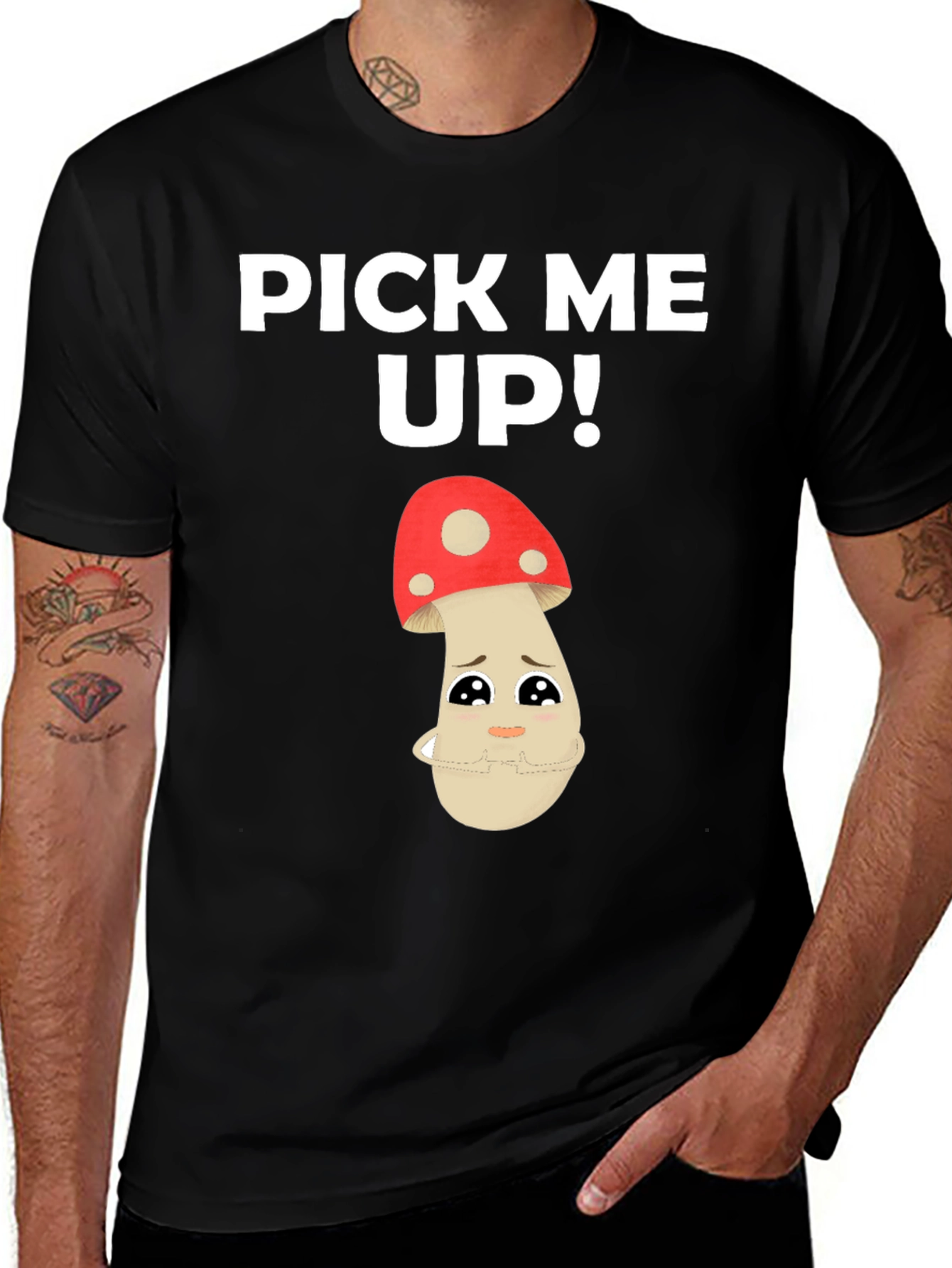 Variant 9 of Pick Me Up Mushroom Graphic Tee - Black Cotton Shirt