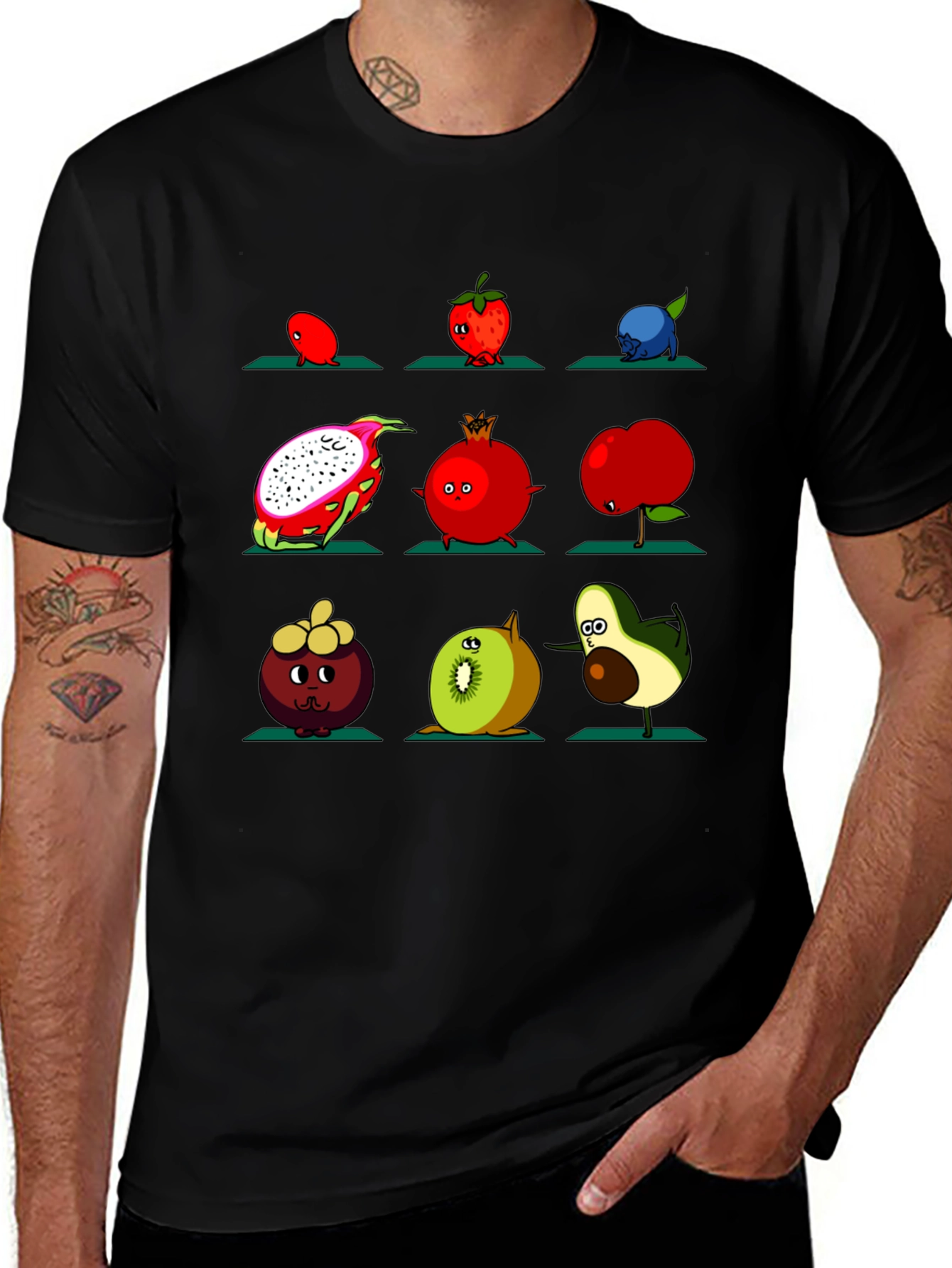 Variant 29 of Fruit Yoga Graphic T-Shirt - Black Cotton Tee