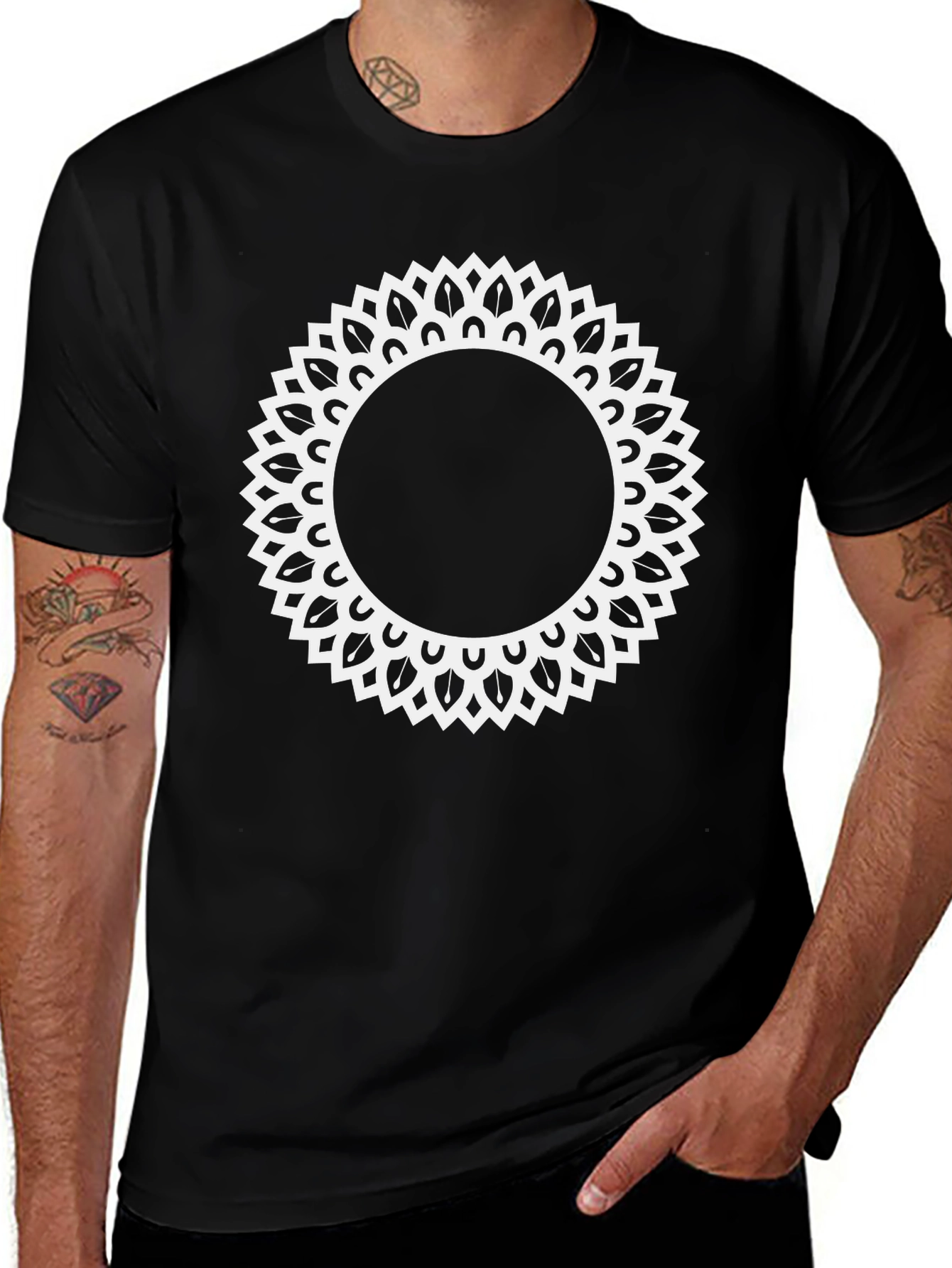 Variant 9 of Black Tee with Ornamental Sun Mandala Design