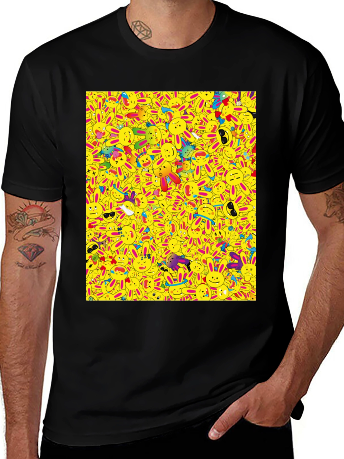 Variant 28 of Novelty Cartoon Bunny Pattern Black T-Shirt