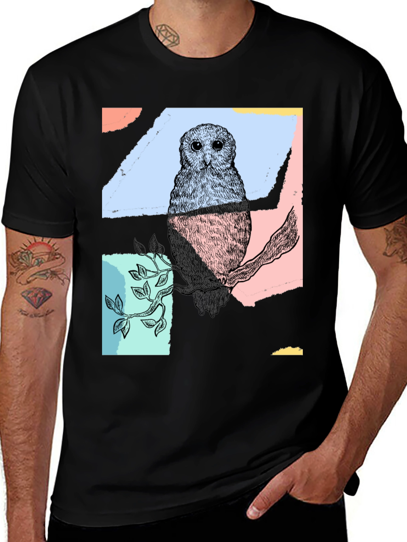 Variant 22 of Abstract Owl Print Black T-Shirt