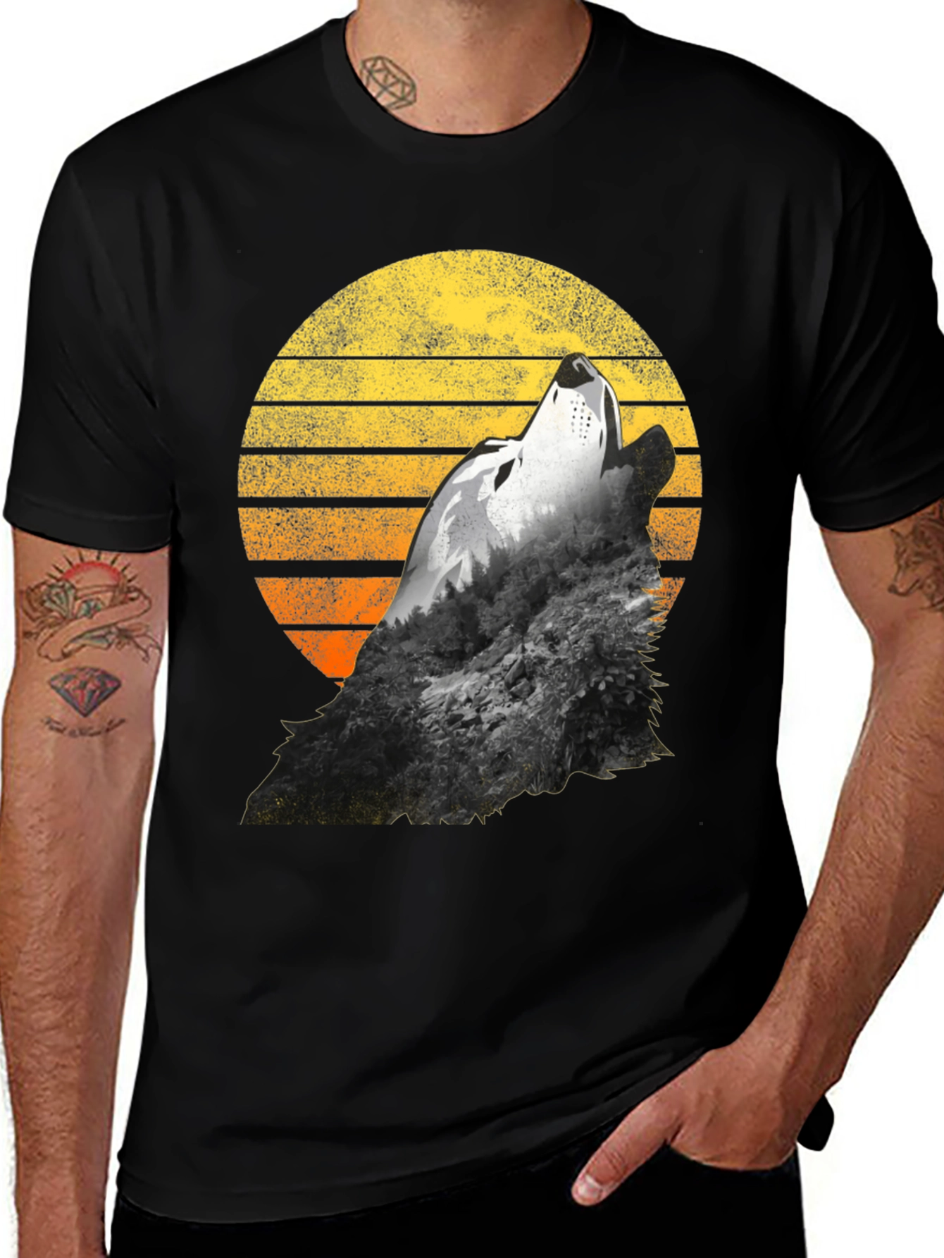 Variant 6 of Wolf Howling Sunset Graphic T-Shirt - Black