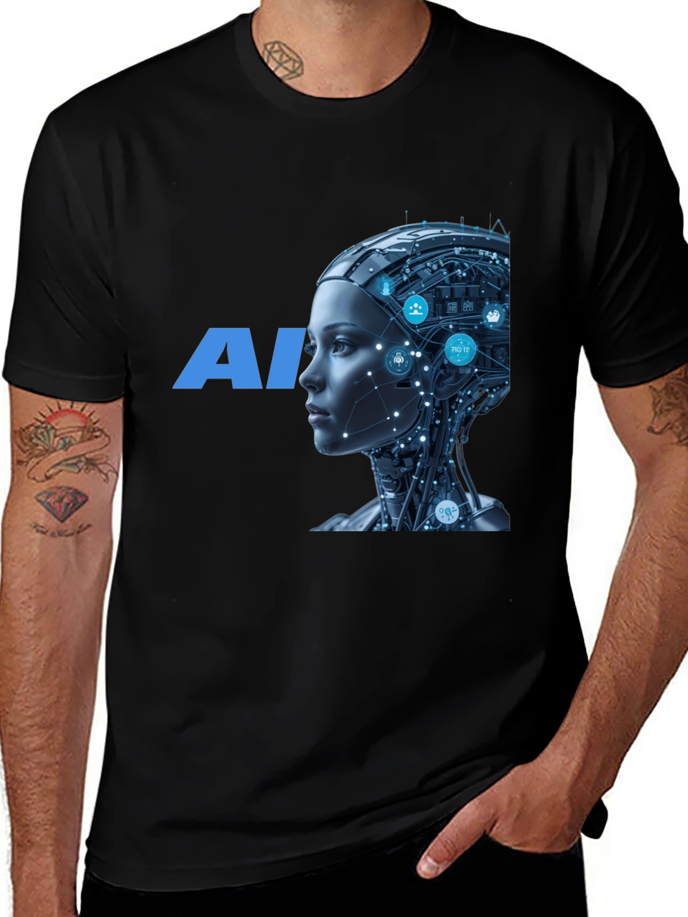 AI Robot T-Shirt - Futuristic Design, Black Cotton Tee