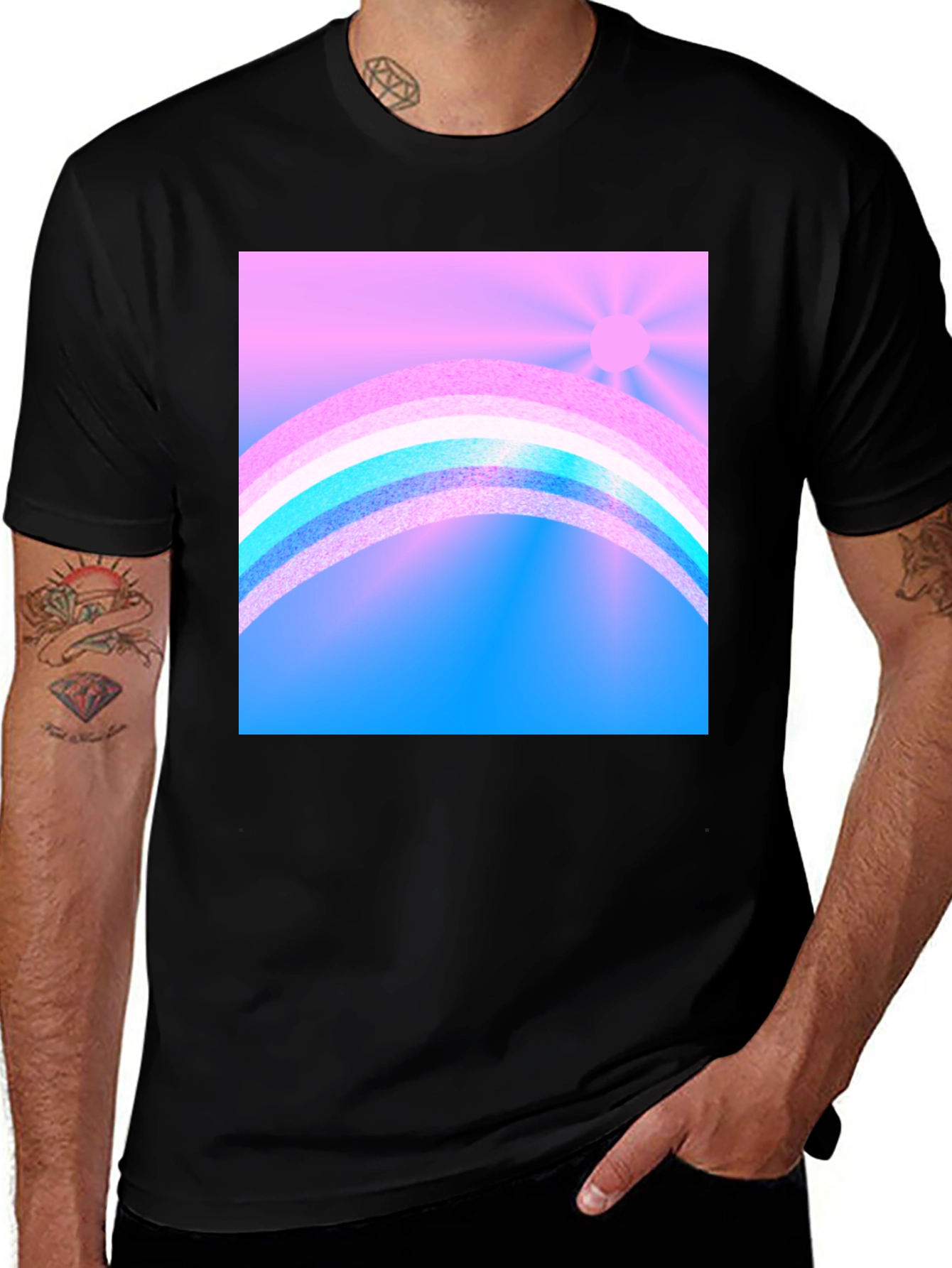Rainbow Sky Graphic Tee - Stylish Black Cotton T-Shirt