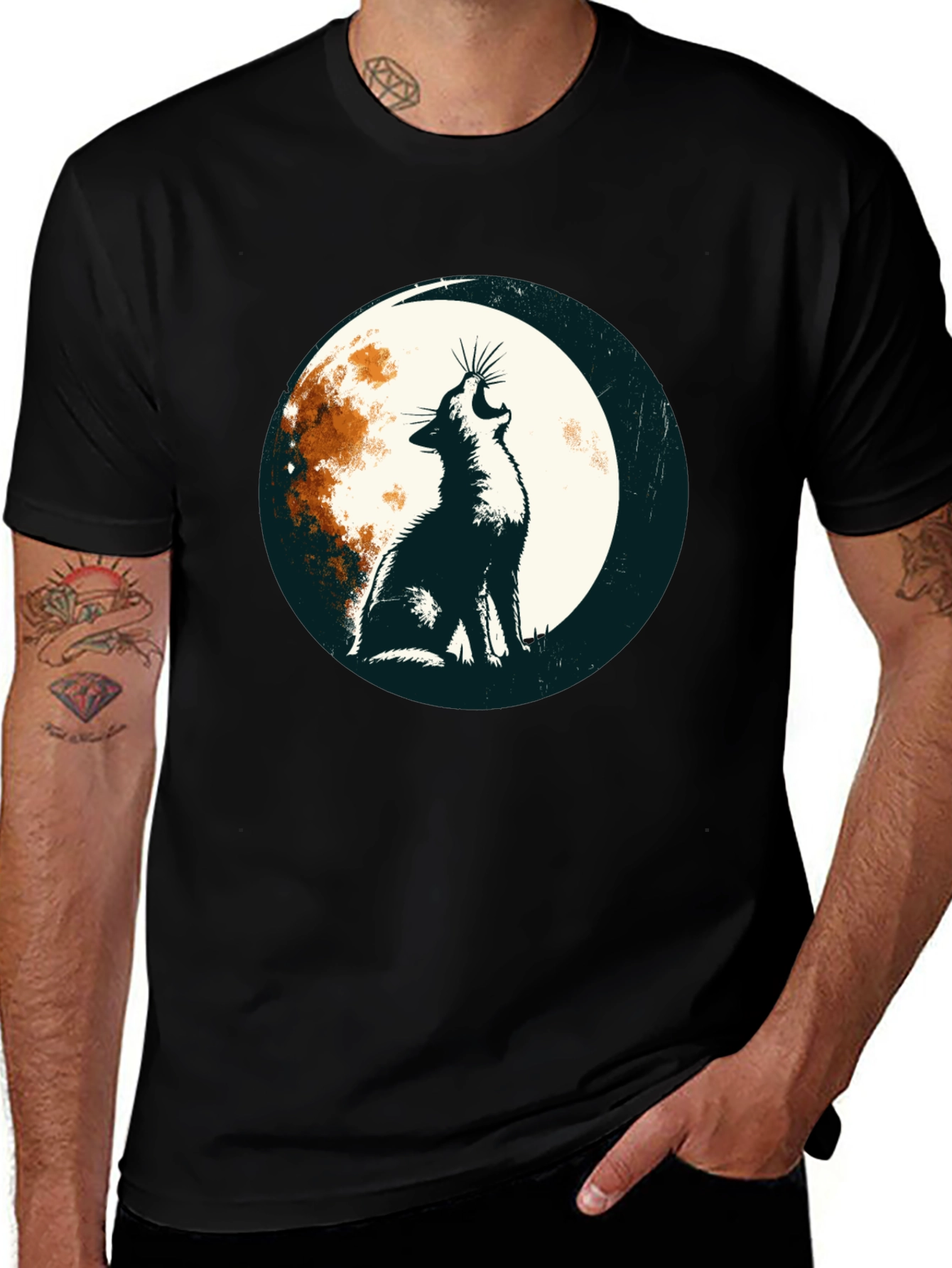 Variant 19 of Wolf Howling at Moon Graphic Tee - Black Cotton Blend