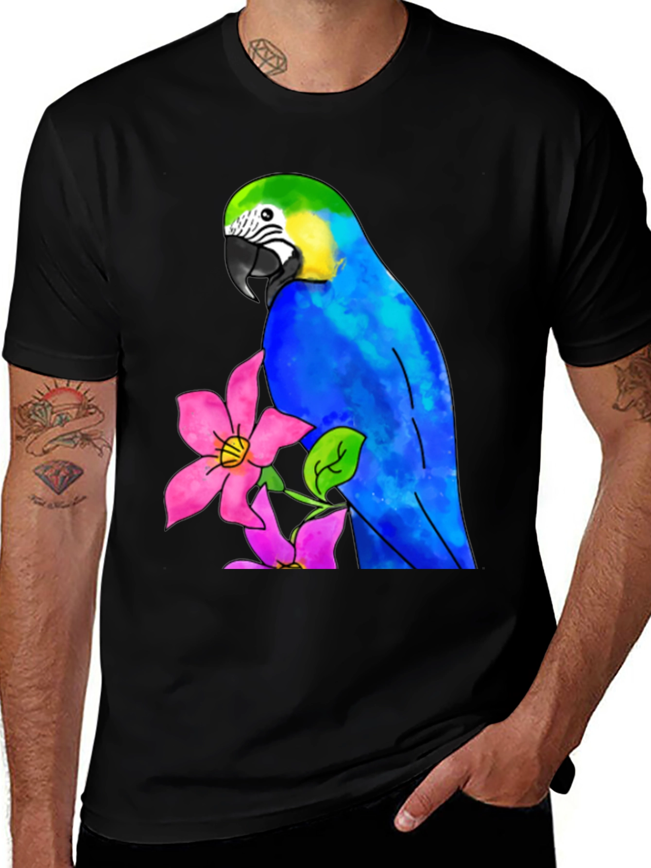 Variant 14 of Parrot & Flower Graphic Black T-Shirt