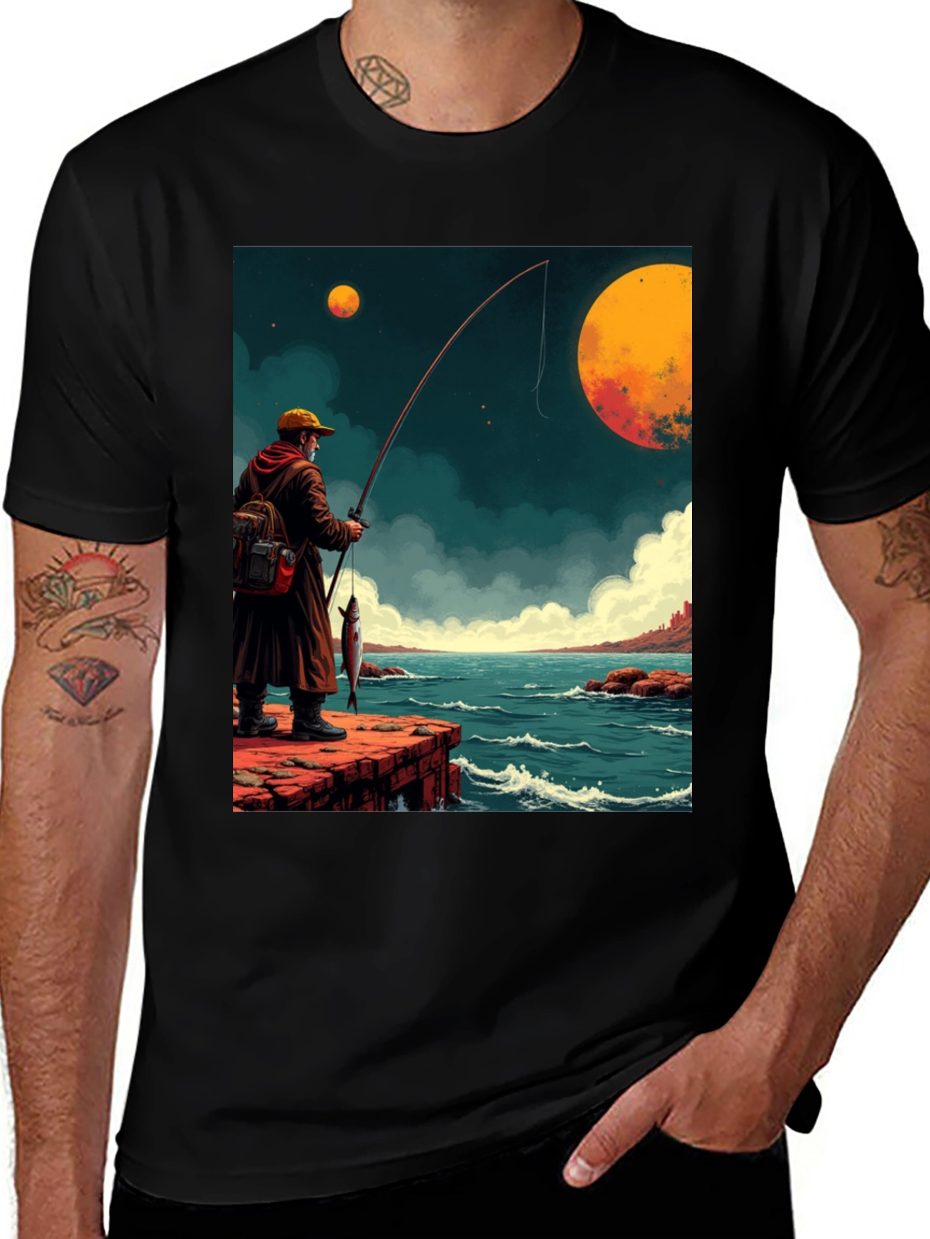 Black Retro Fishing Graphic Tee main image