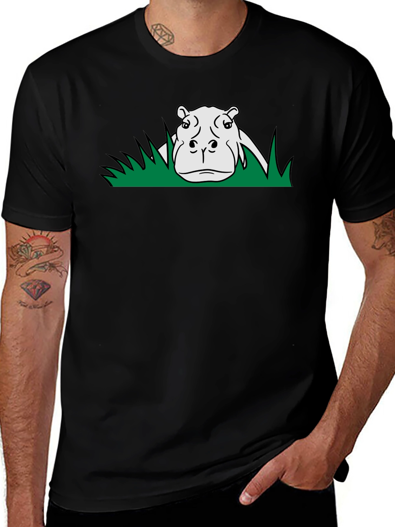 Variant 17 of Hippo in Grass Graphic Print Black T-Shirt