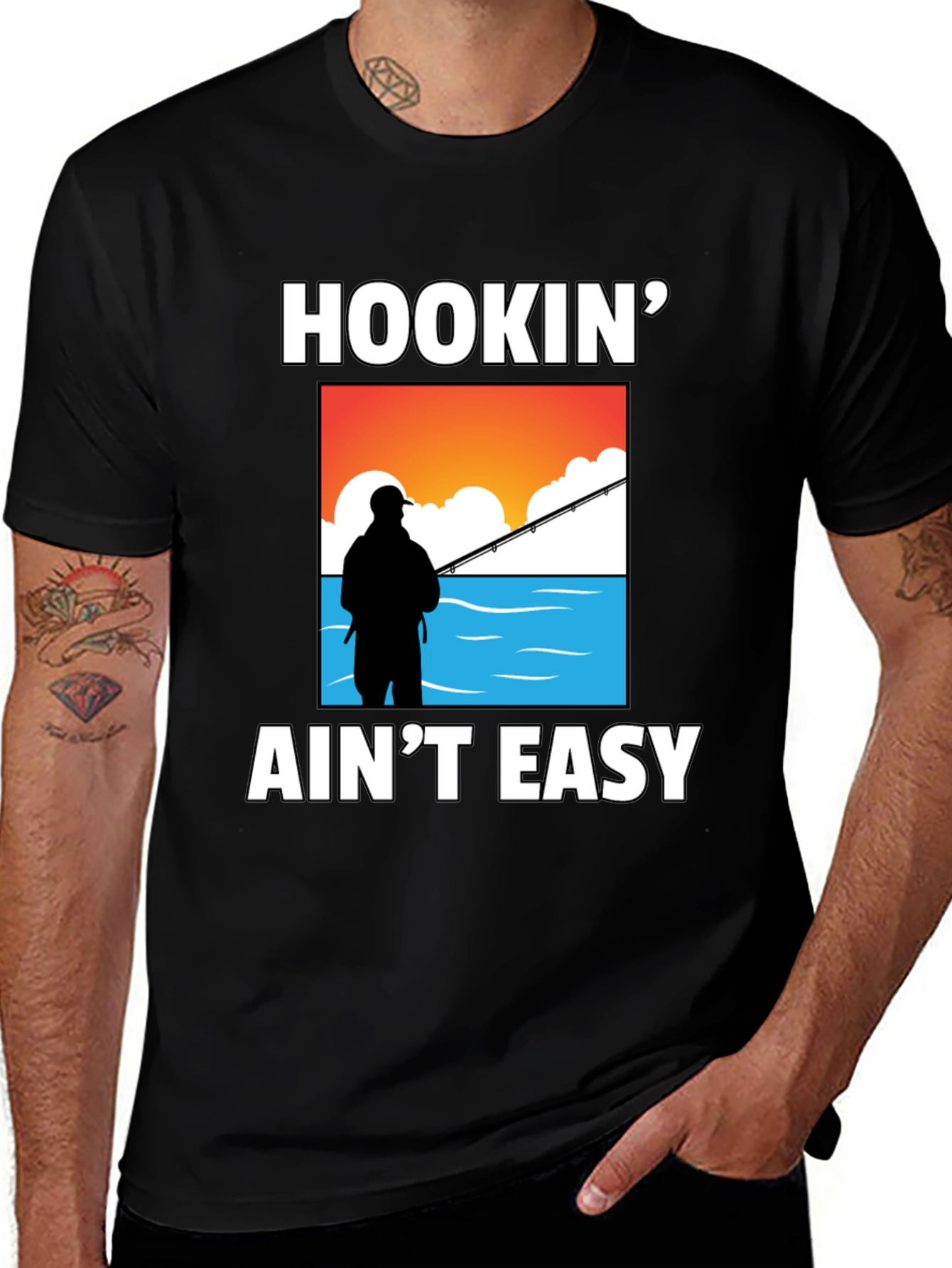 Variant 2 of Hookin' Aint Easy Black T-Shirt Fisherman Graphic Tee