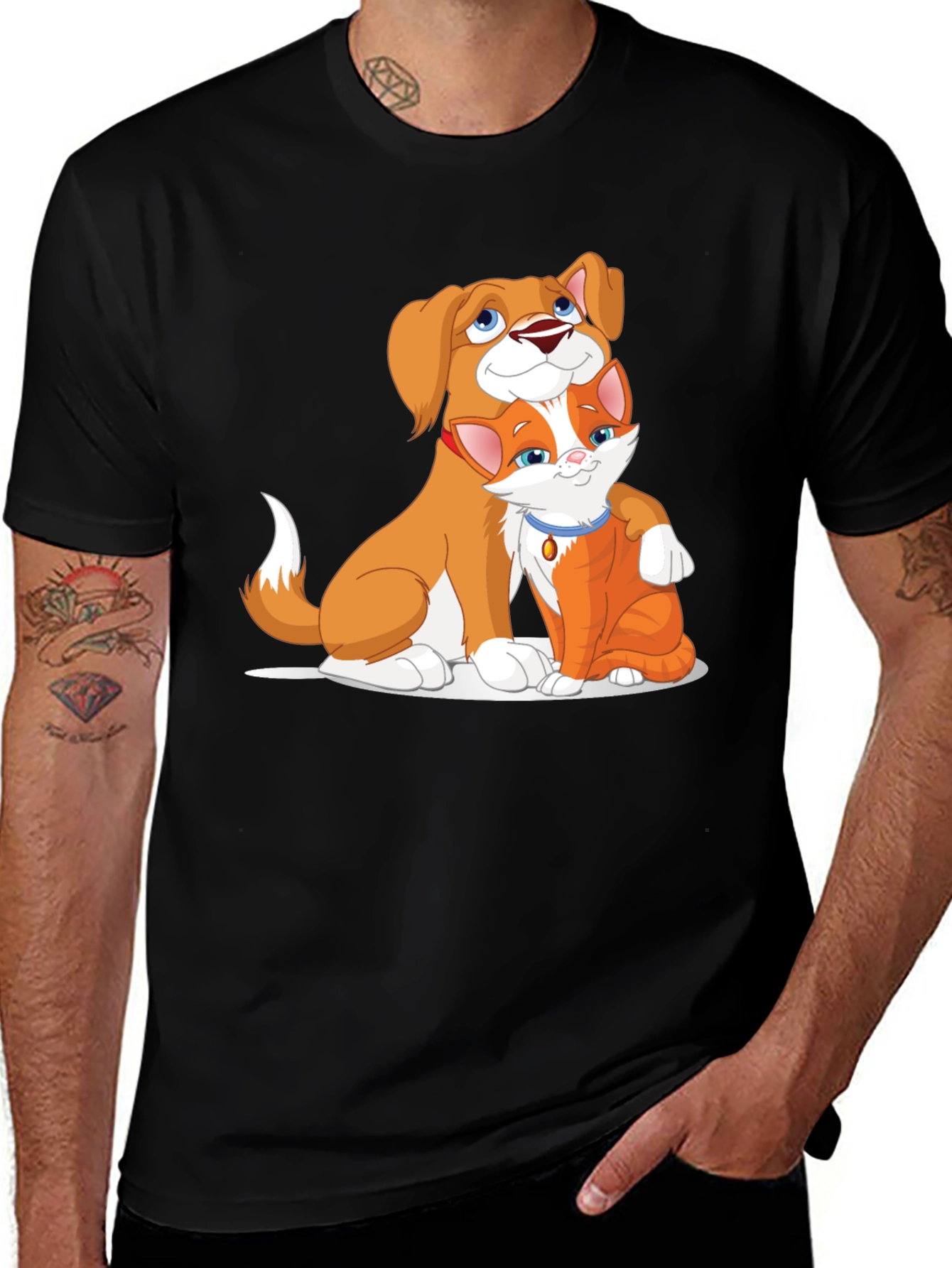 Variant 27 of Dog and Cat Cartoon Graphic Black T-Shirt