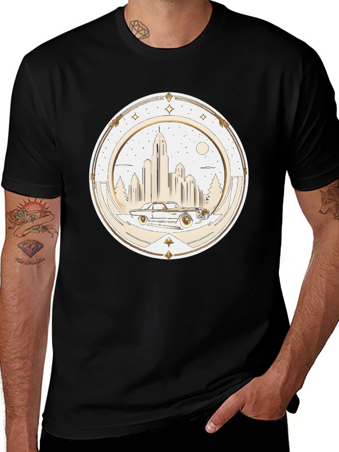Variant 27 of Retro Car and City Graphic Tee - Men's Black T-Shirt