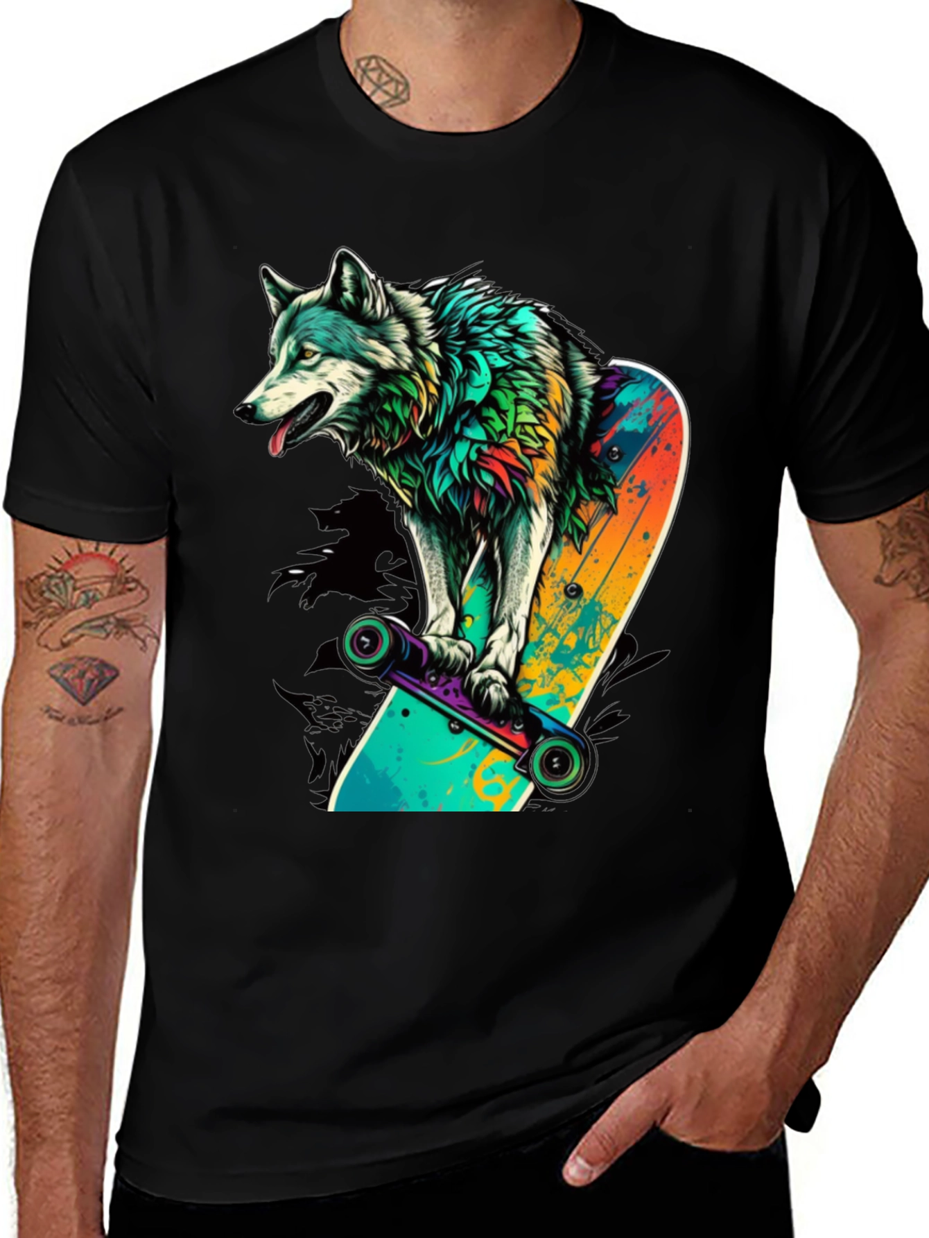 Variant 21 of Wolf on Skateboard Graphic Tee - Cool Animal Design
