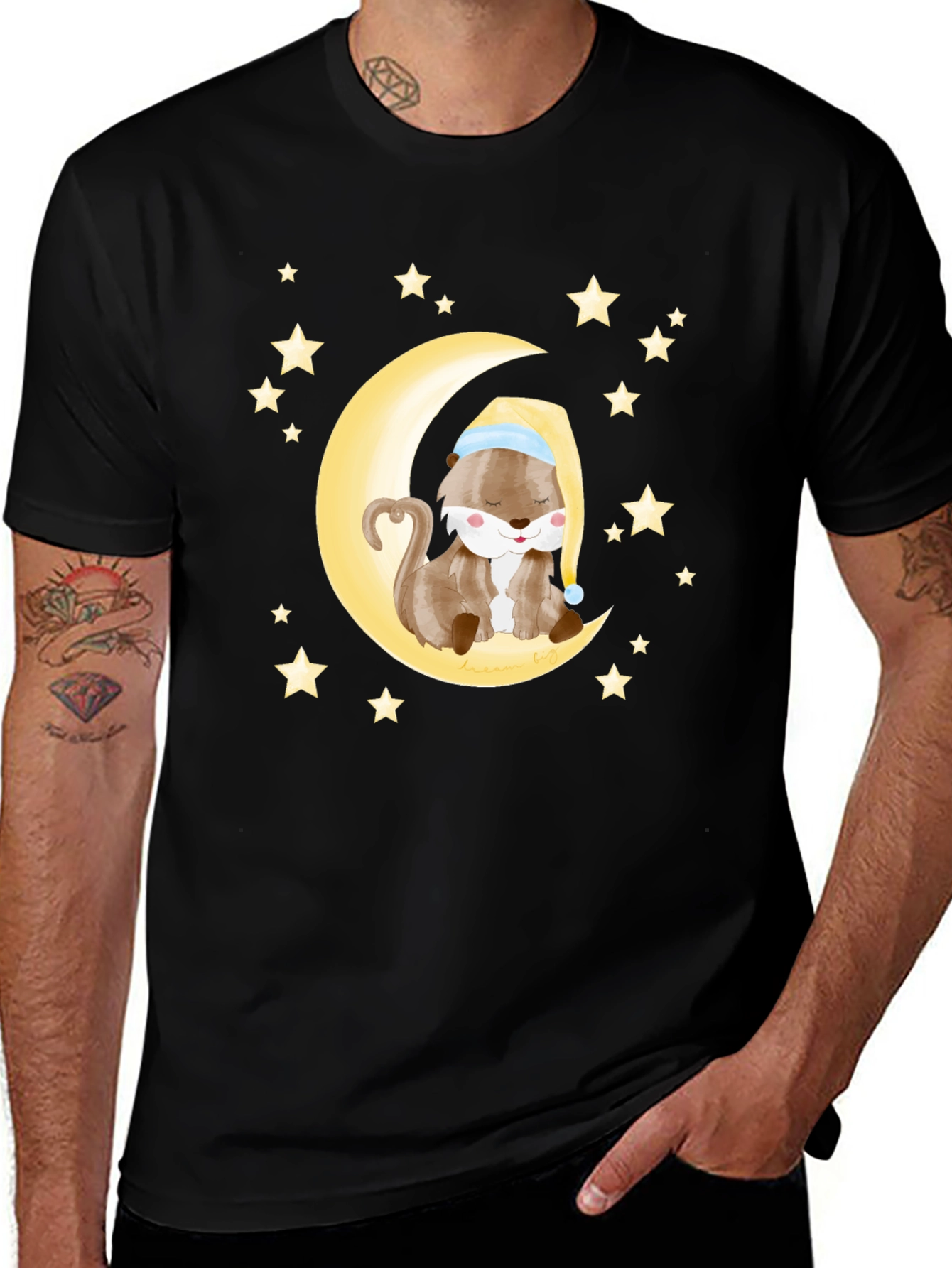 Otter Sleeping on Moon Graphic Tee - Black Cotton