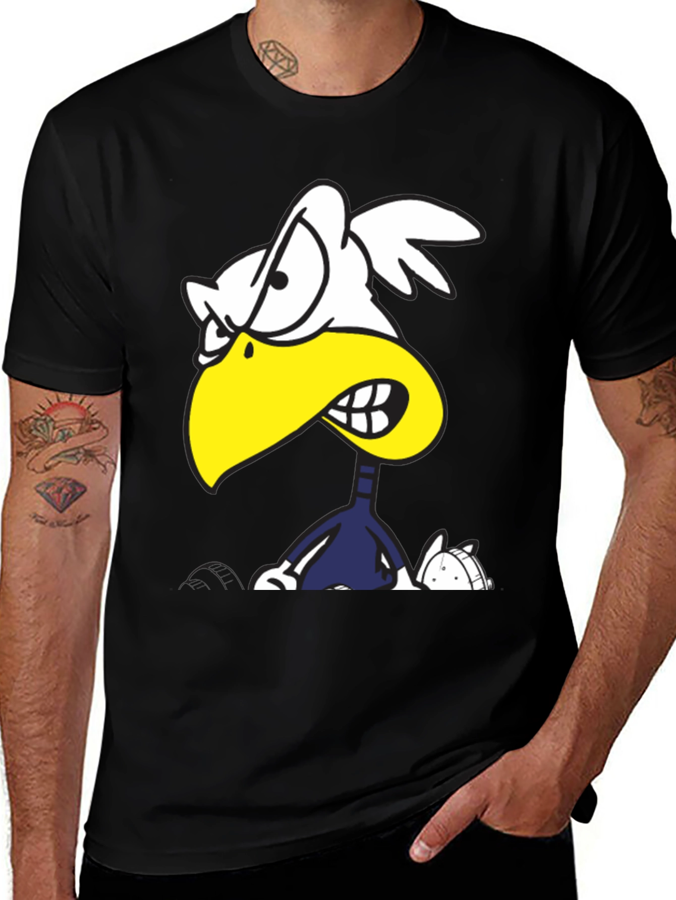 Variant 16 of Angry Cartoon Bird Graphic Tee - Black Cotton T-Shirt
