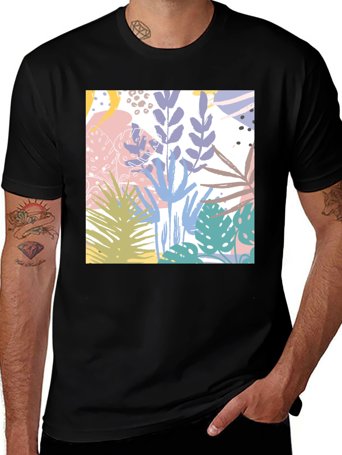 Variant 15 of Tropical Print Black Cotton T-Shirt